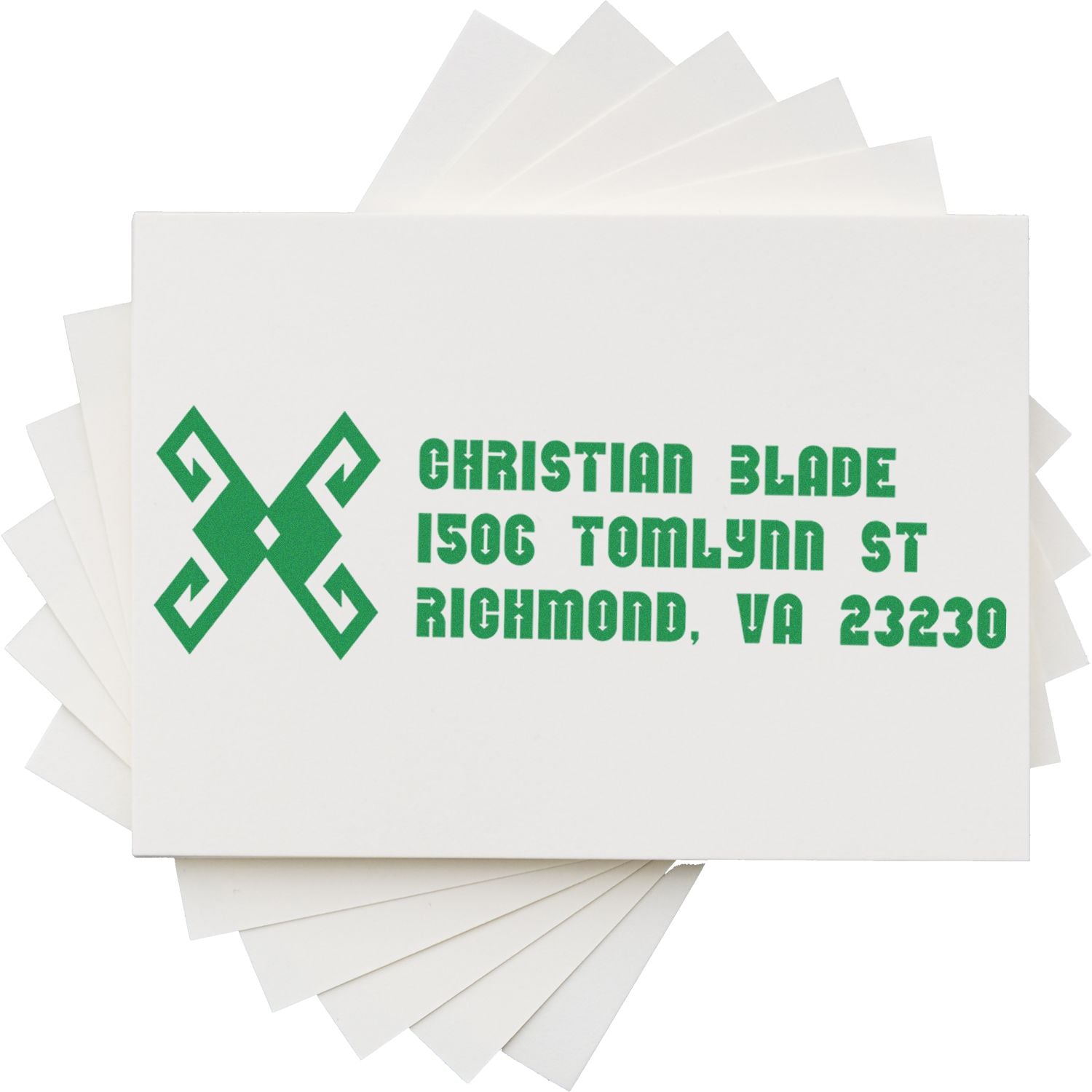 Custom return address rubber stamp for Christian Blade, Richmond, VA 23230, with green logo.