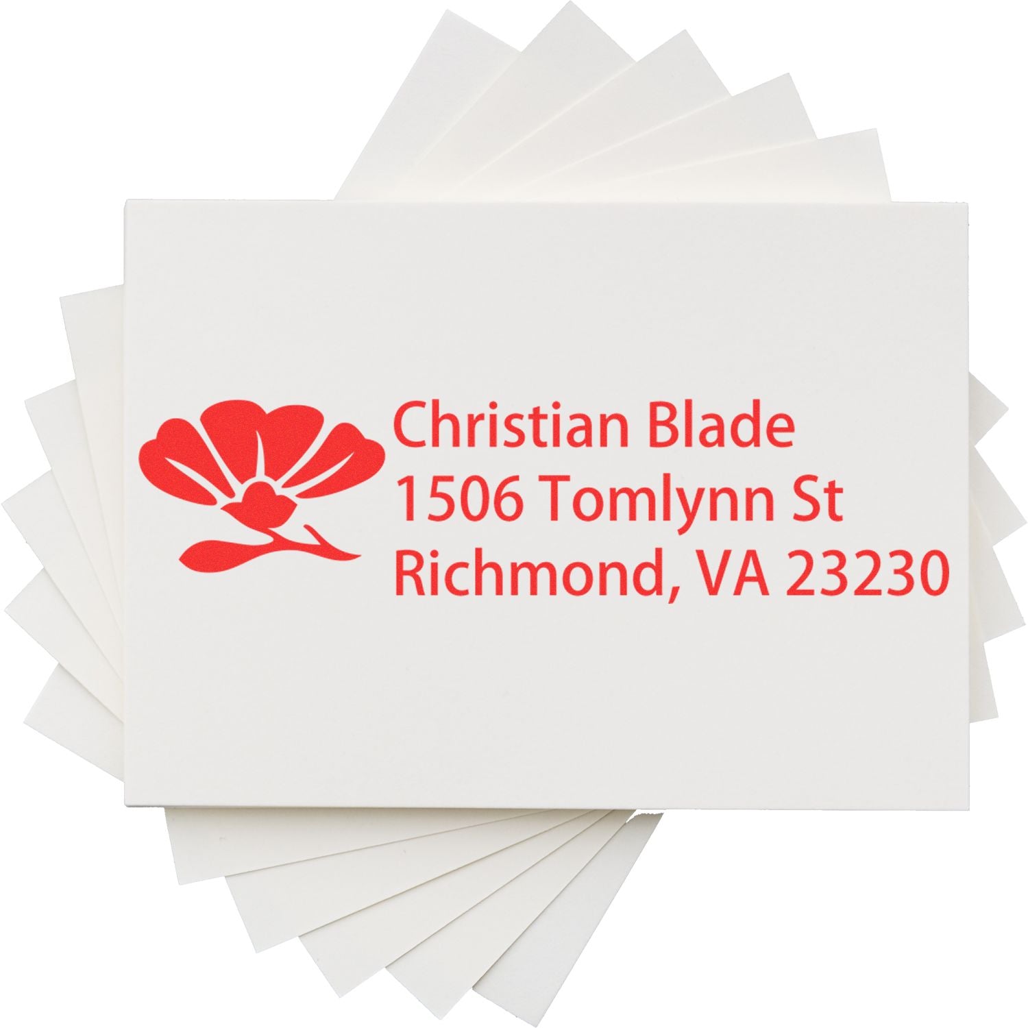 Custom red address rubber stamp with floral logo for Christian Blade, 1506 Tomlynn St, Richmond, VA 23230