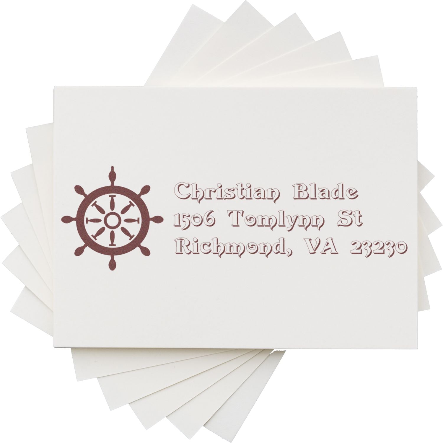 Custom return address rubber stamp with nautical ship wheel logo for Christian Blade, Richmond, VA.