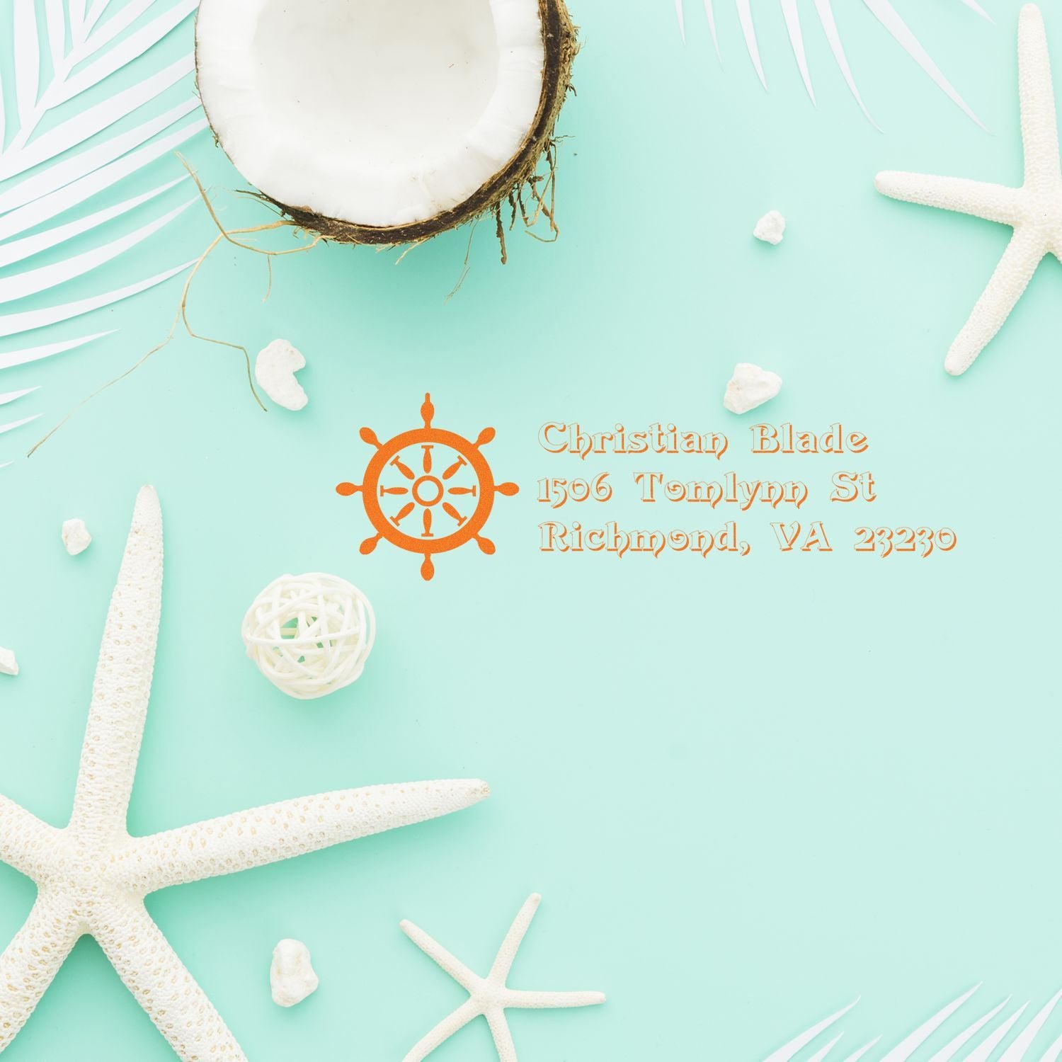 Custom rubber stamp mockup with nautical ship wheel logo and return address for Christian Blade, Richmond, VA.