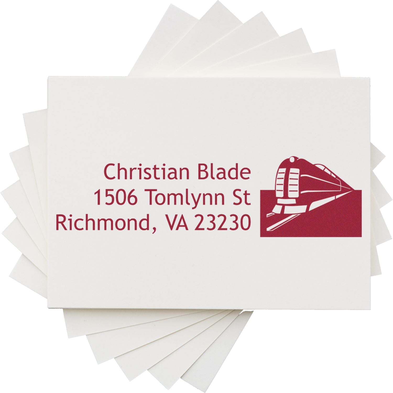 Custom business address rubber stamp for Christian Blade, Richmond, VA 23230, with train logo.