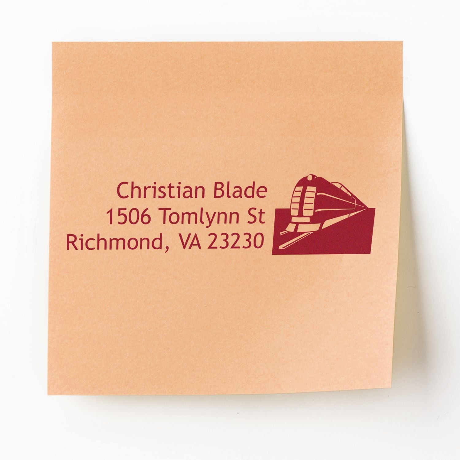 Custom rubber stamp return address on envelope for Christian Blade, Richmond, VA with train logo