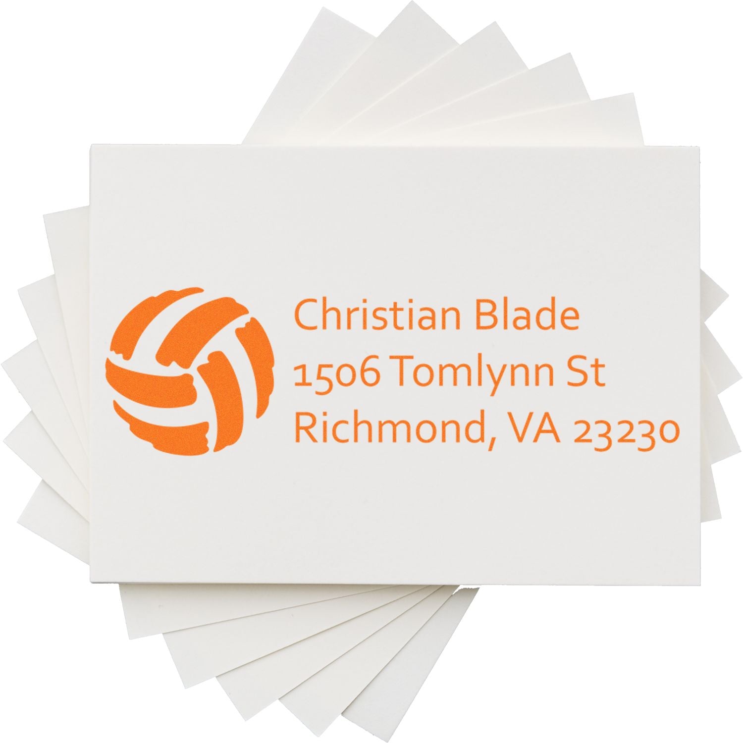 Custom return address rubber stamp with orange logo for Christian Blade, Richmond, VA 23230.
