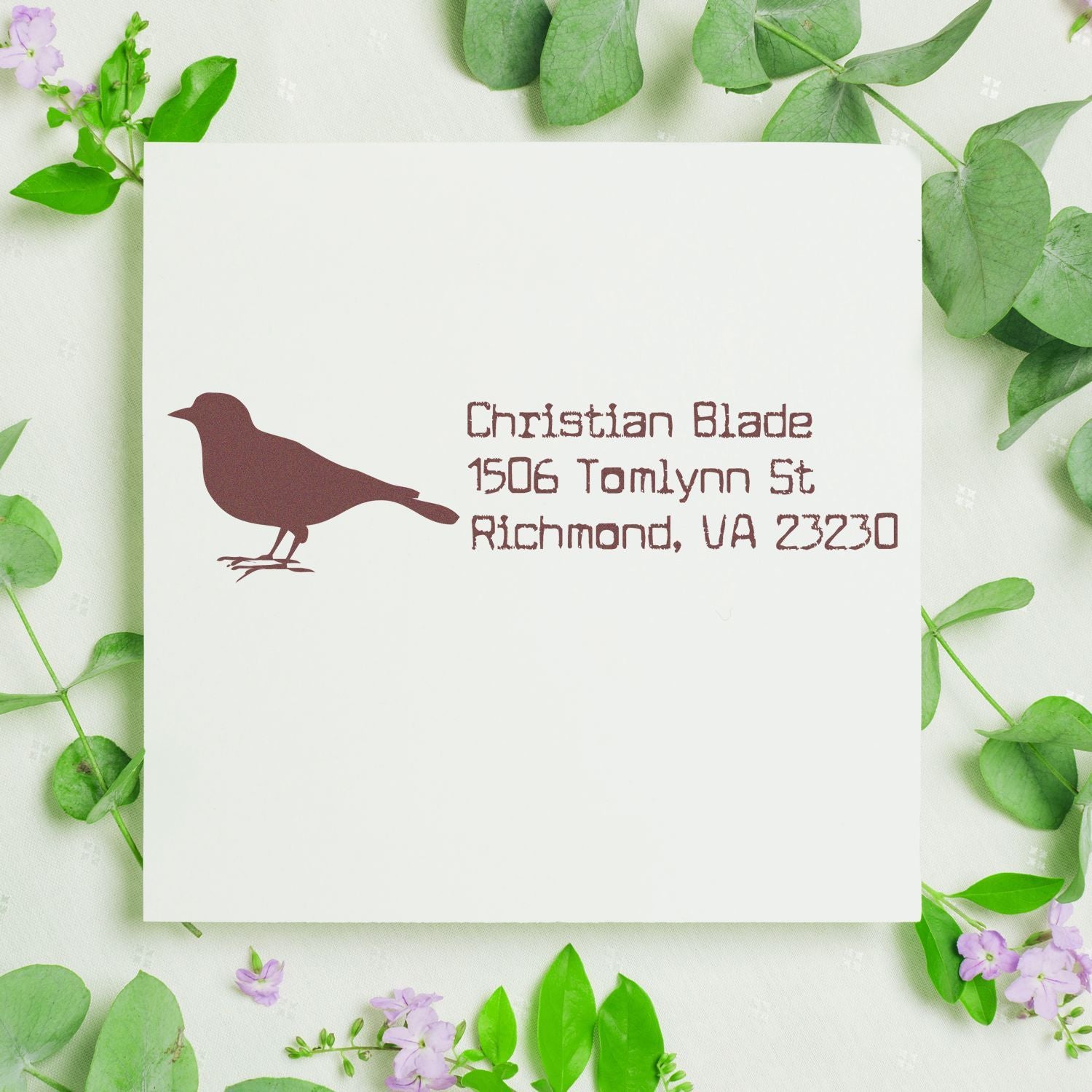 Personalized bird return address rubber stamp for Christian Blade, Richmond, VA 23230.