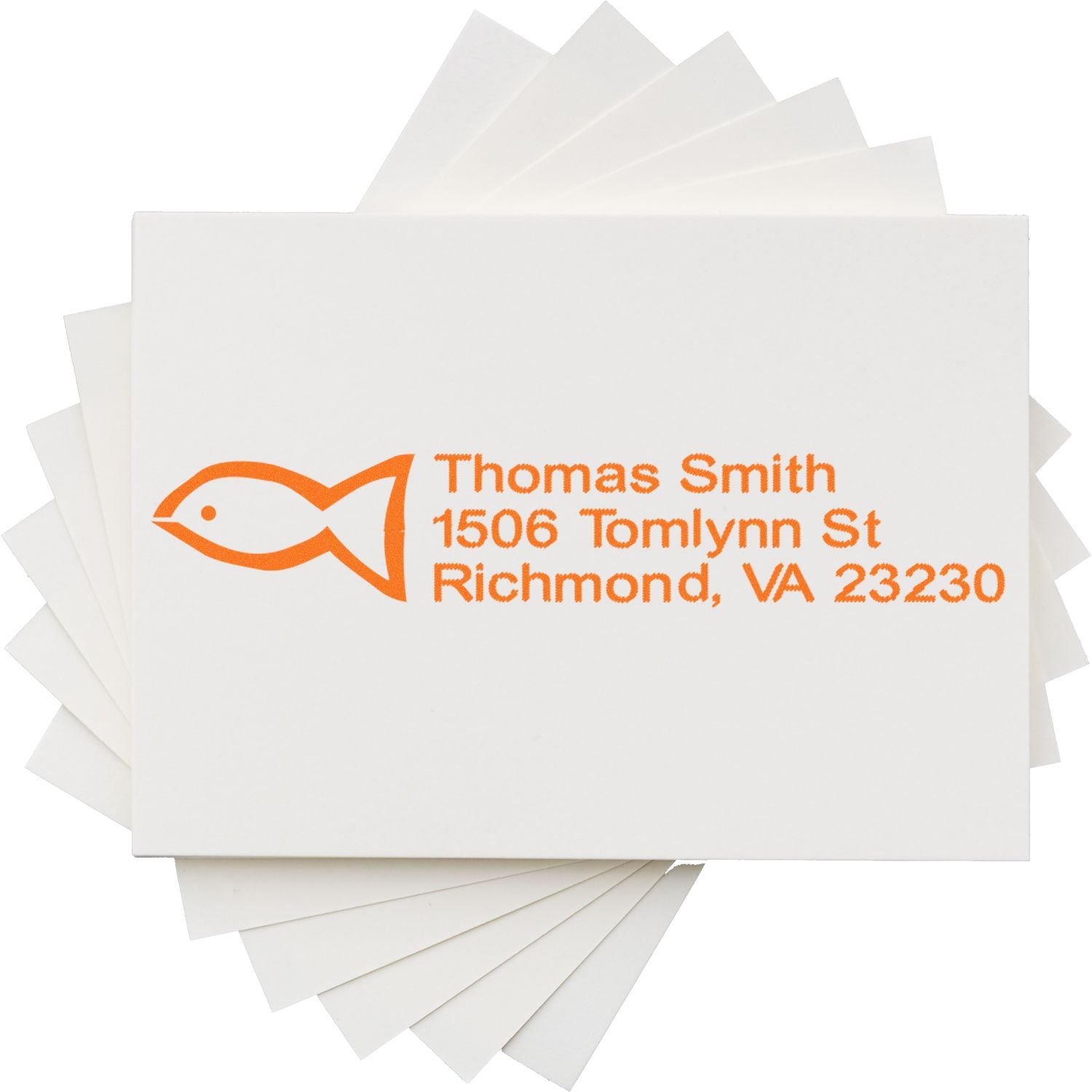 Custom rubber return address stamp with fish logo for Thomas Smith, Richmond, VA mailing labels