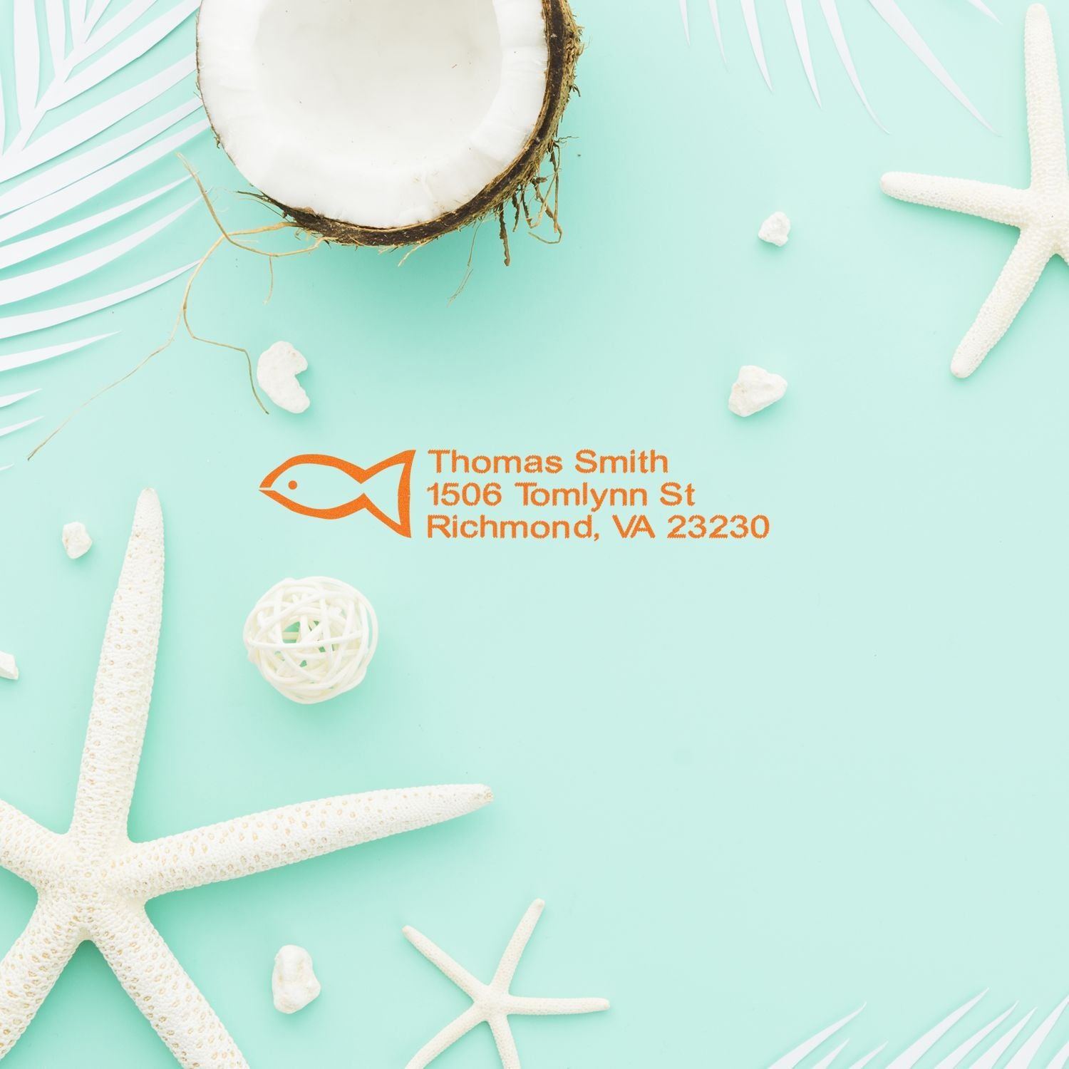 Beach-themed custom fish return address rubber stamp for Thomas Smith, Richmond, VA 23230
