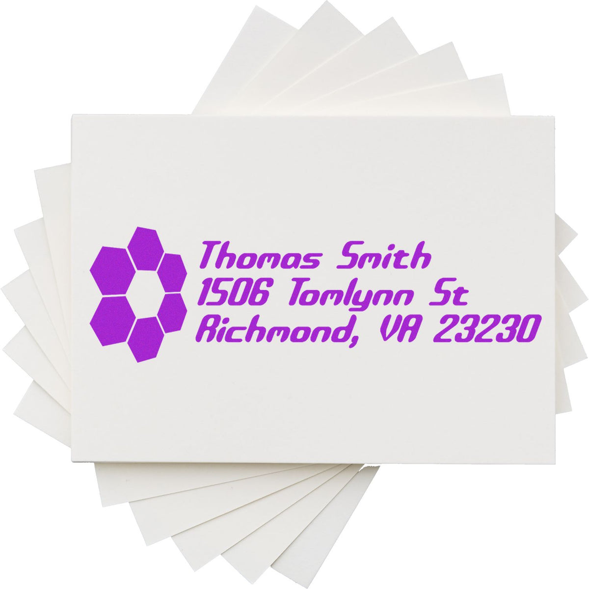 Custom return address rubber stamp with purple hexagon logo for Thomas Smith, 1506 Tomlynn St, Richmond, VA 23230.