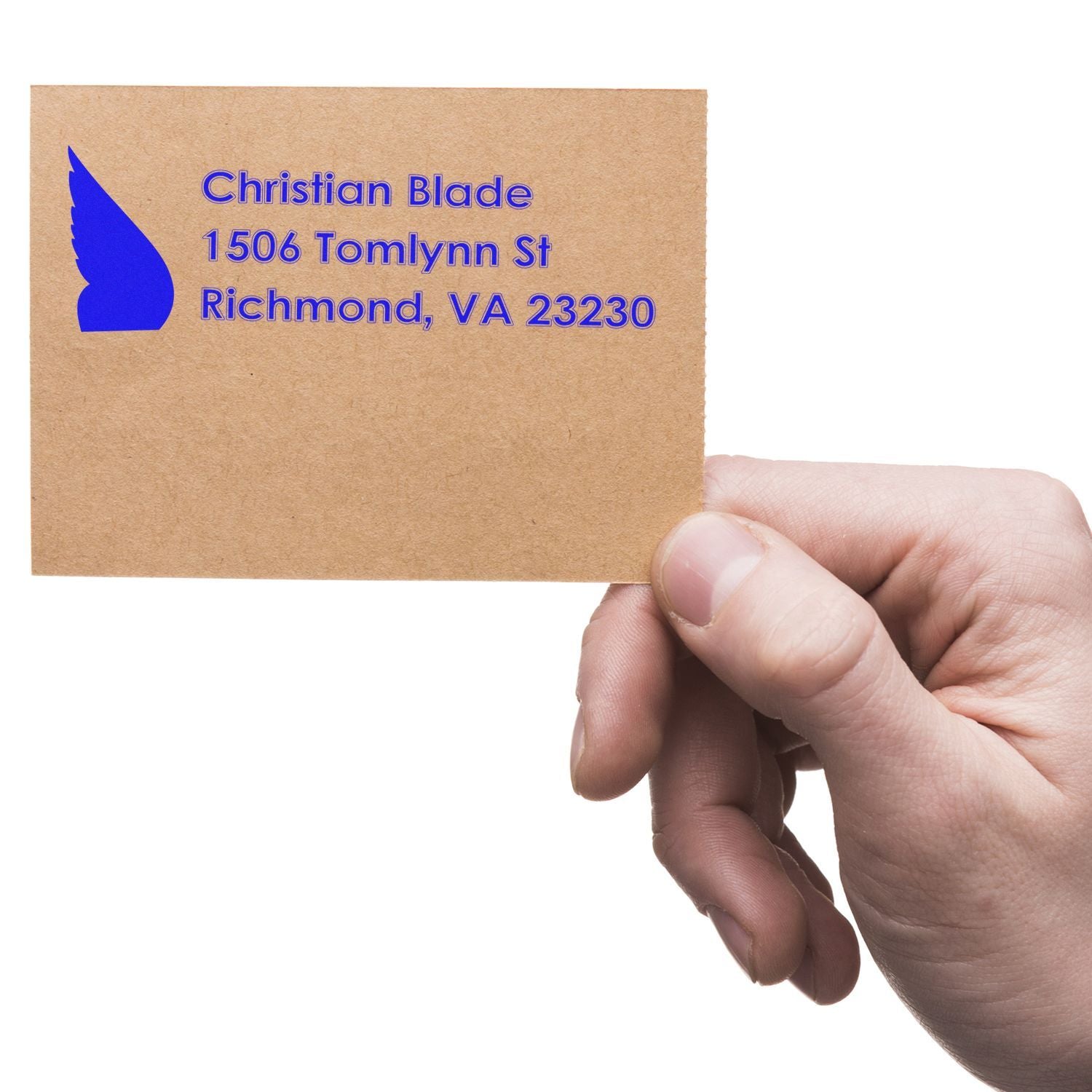 Custom return address rubber stamp on kraft envelope, showing wing logo, name, and Richmond, VA address.