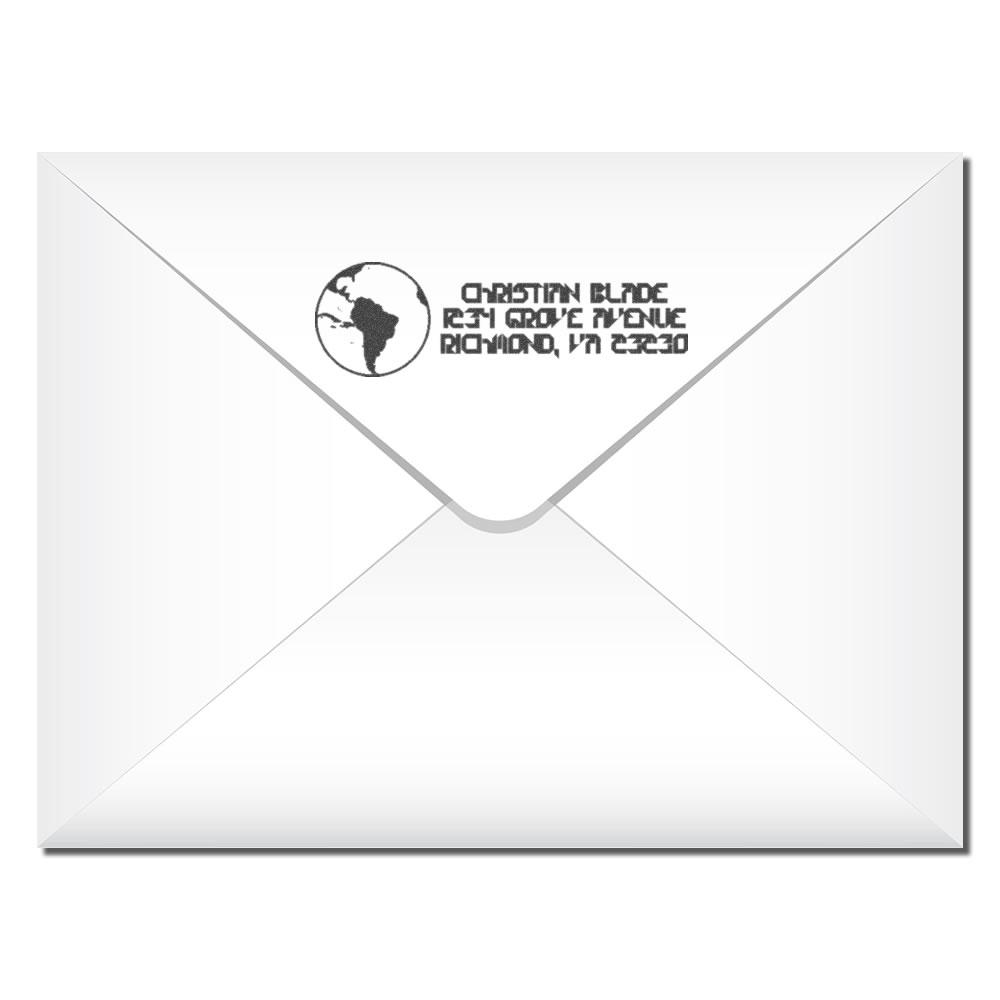 Custom return address rubber stamp on envelope flap with globe logo for business mail branding.