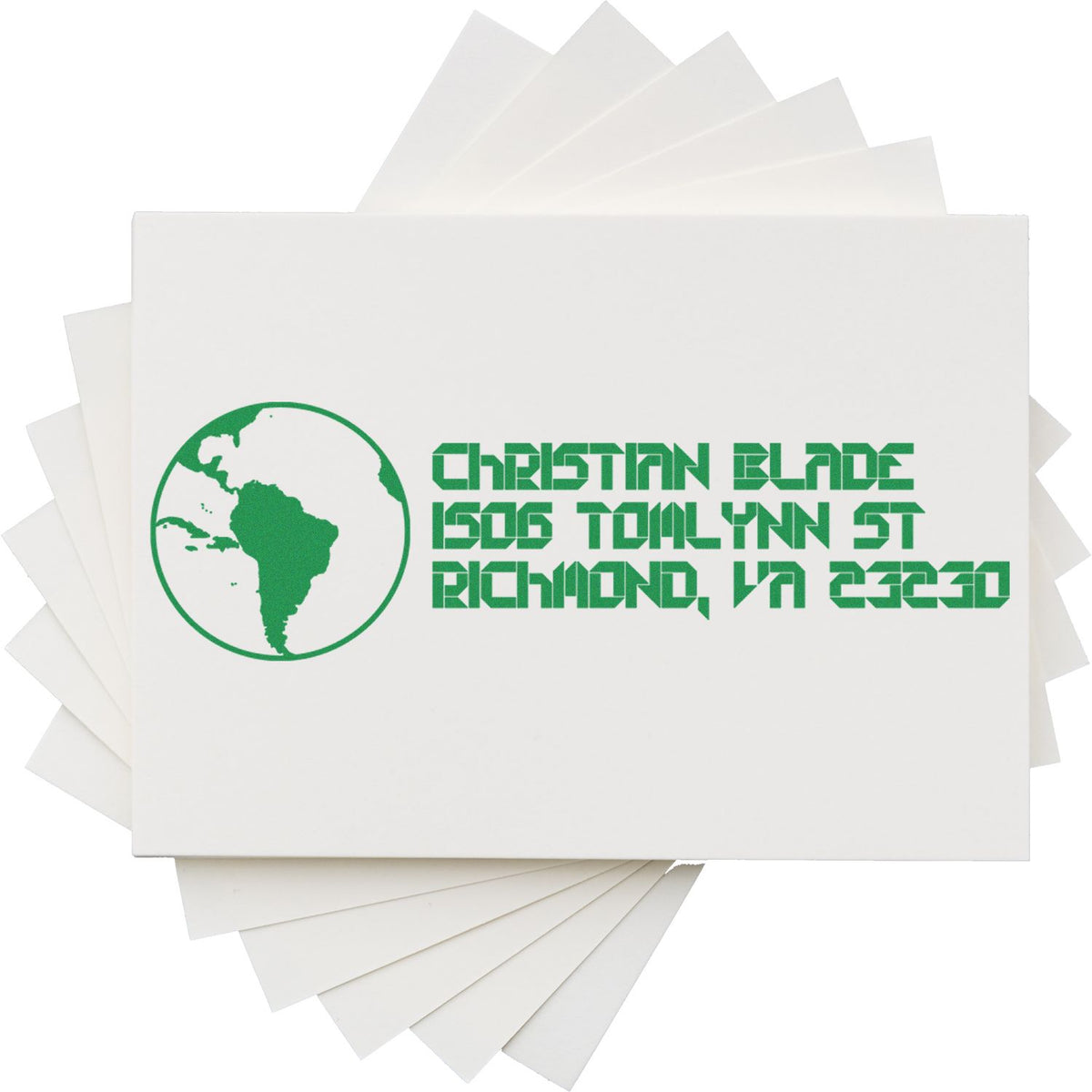 Custom return address rubber stamp with globe logo for Christian Blair, Richmond, VA 23230.