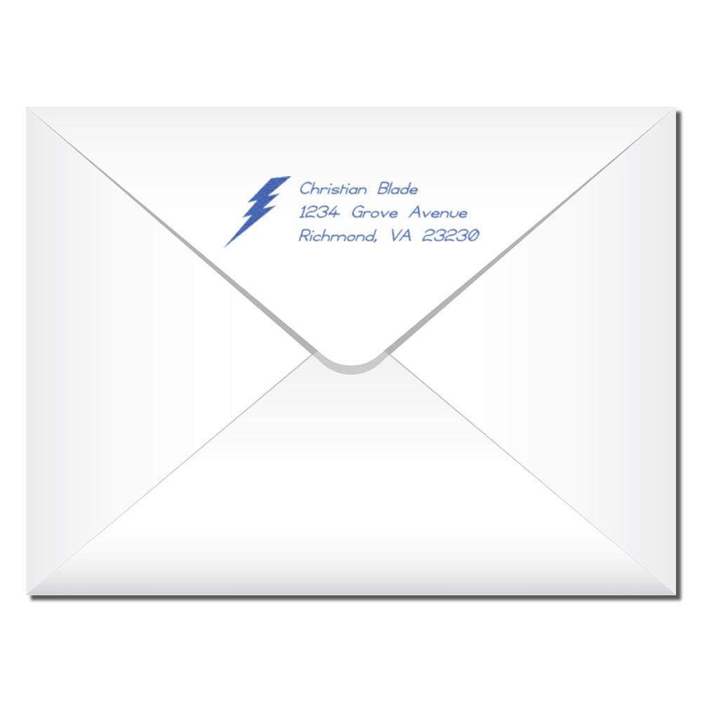 Custom return address rubber stamp design for envelopes with blue lightning logo and Christian Blade address.
