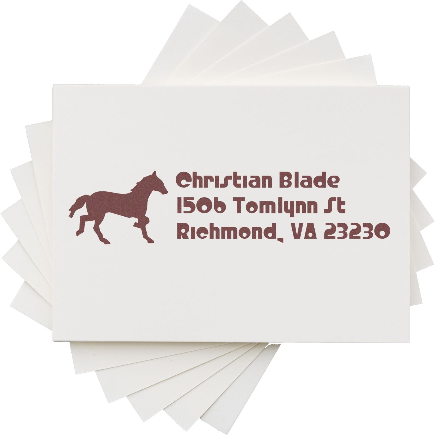 Custom horse return address rubber stamp for Christian Blade, Richmond, VA 23230