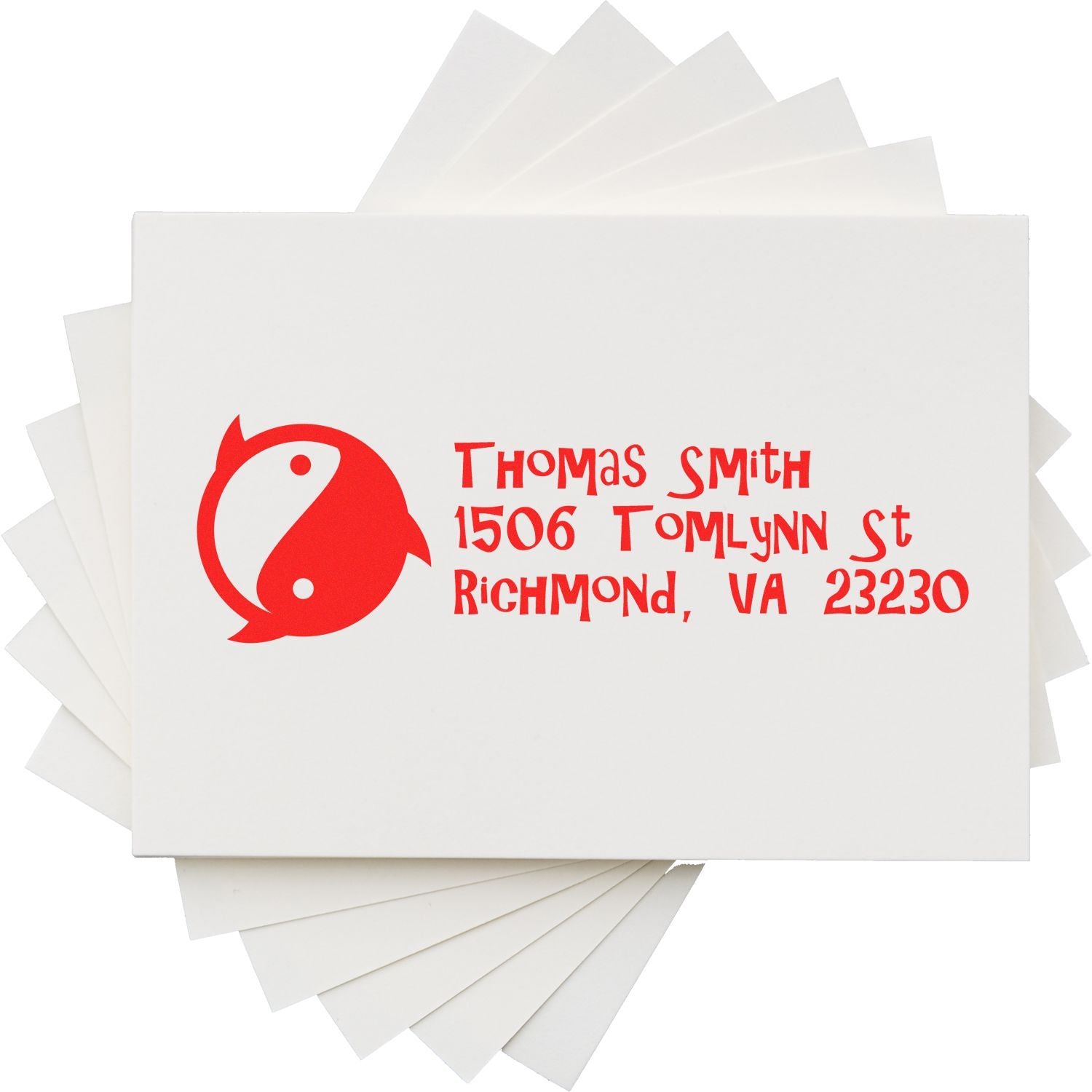 Custom rubber stamp with red logo and return address for Thomas Smith, Richmond, VA, shown on sample cards.