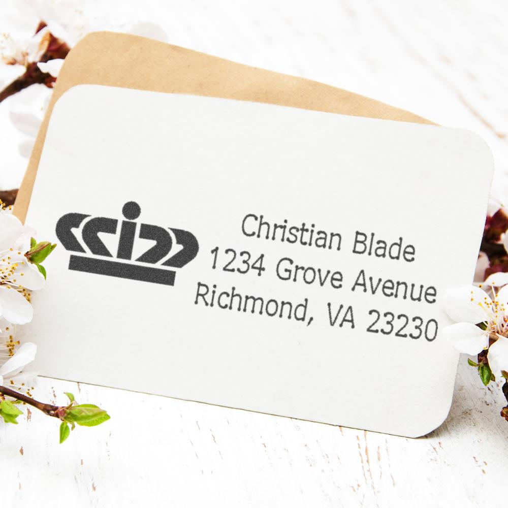 Custom return address rubber stamp with crown logo for Christian Blade, Richmond, VA mailing envelopes.