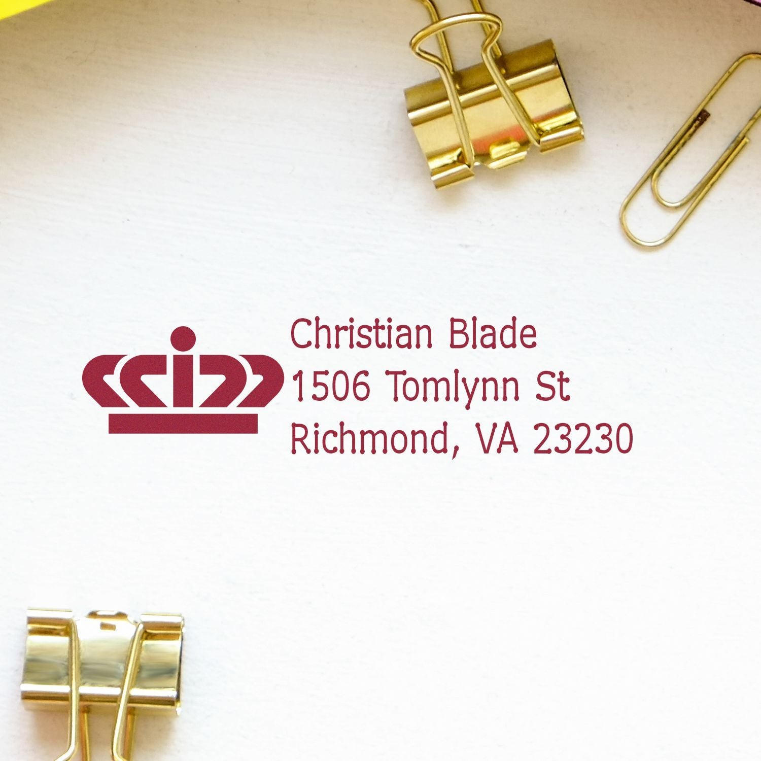 Custom business address rubber stamp with logo for Christian Blade, Richmond, VA, shown on white paper.