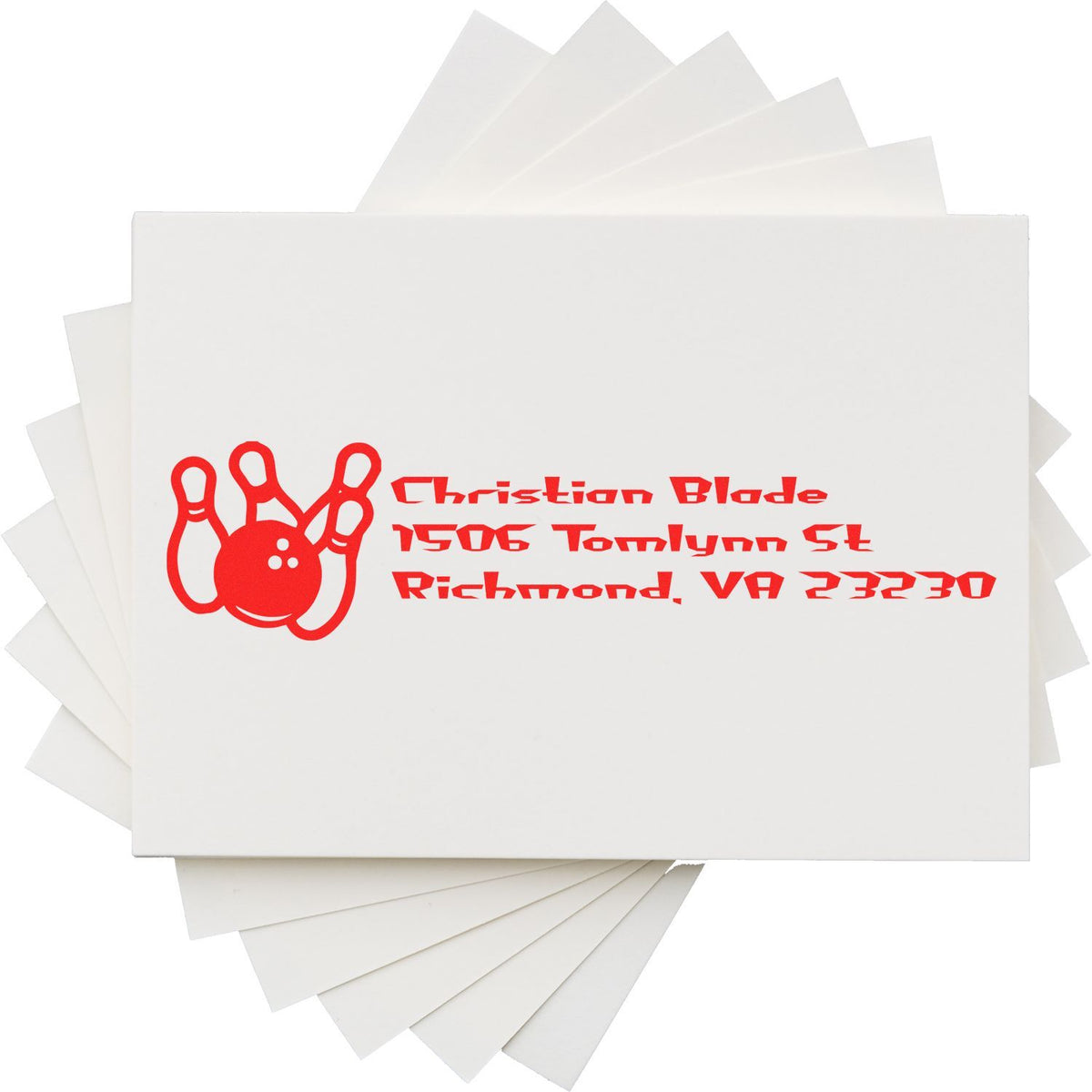 Custom rubber address stamp with bowling graphic and return address, ideal for personalized envelope labeling.