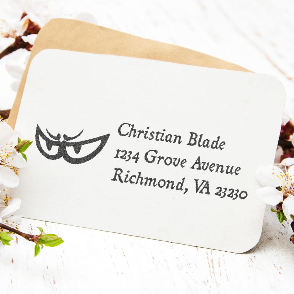 Custom return address rubber stamp with monogram for envelopes, wedding invitations, and personal stationery.