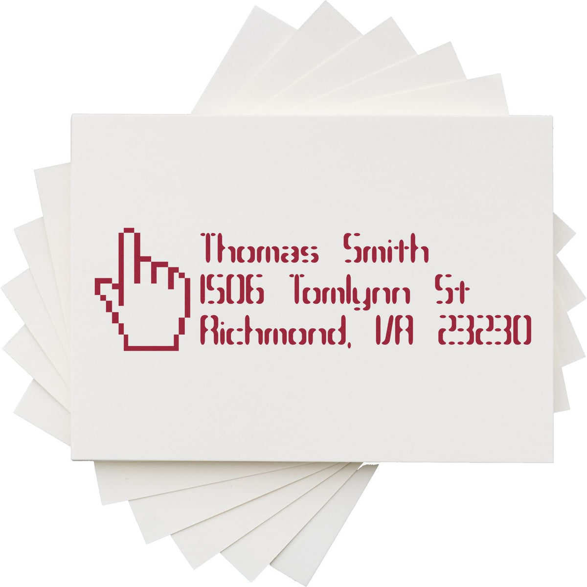 Personalized return address rubber stamp with cursor icon and Thomas Smith, Richmond, VA 23230 custom imprint.