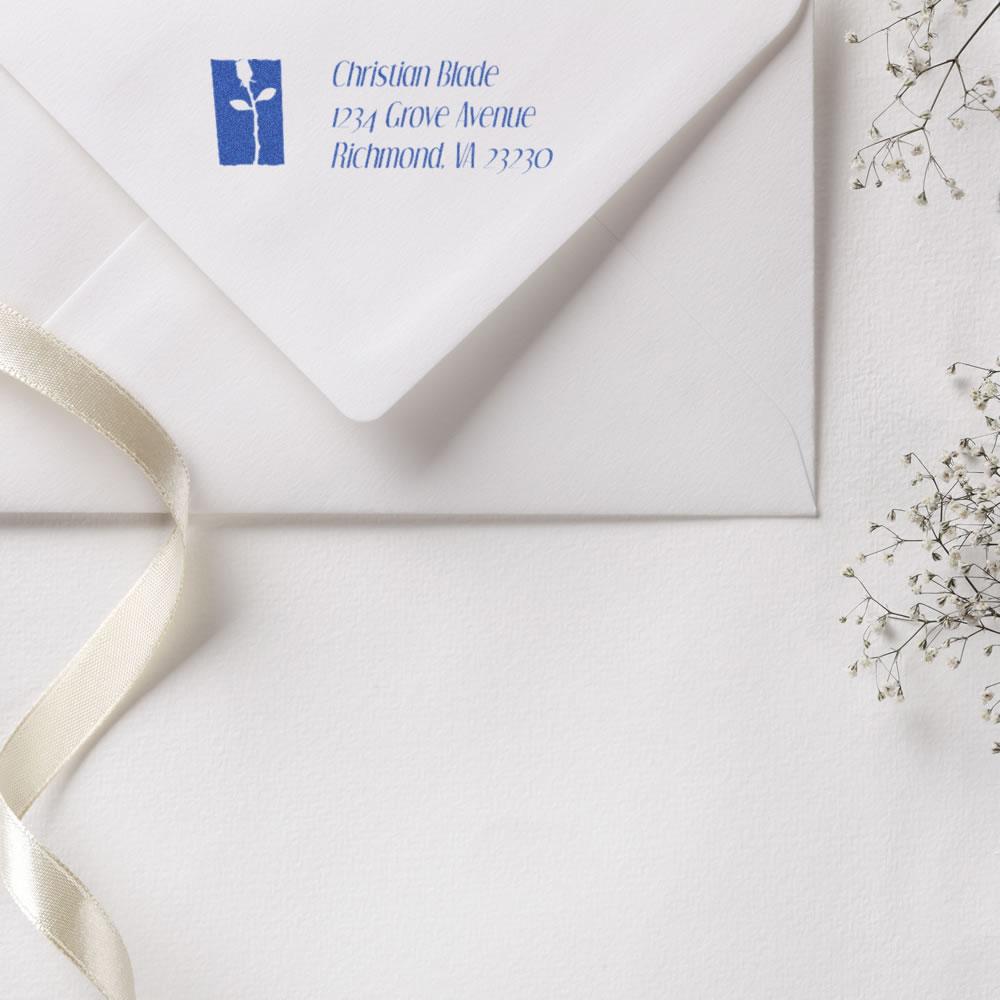 Custom rubber stamp return address on white wedding envelope, with blue monogram and Christian Blade, Richmond VA.
