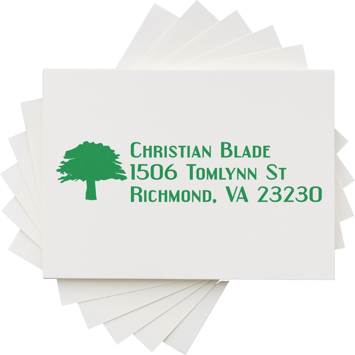 Custom return address rubber stamp with tree logo, Christian Blade name, and Richmond, VA address design.