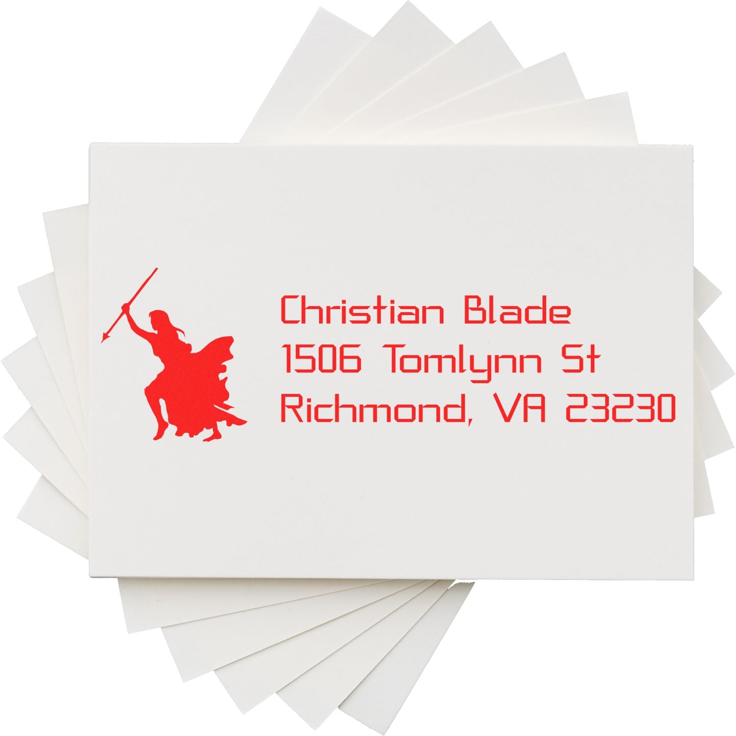 Custom return address rubber stamp for Christian Blade, Richmond VA, with red warrior logo.