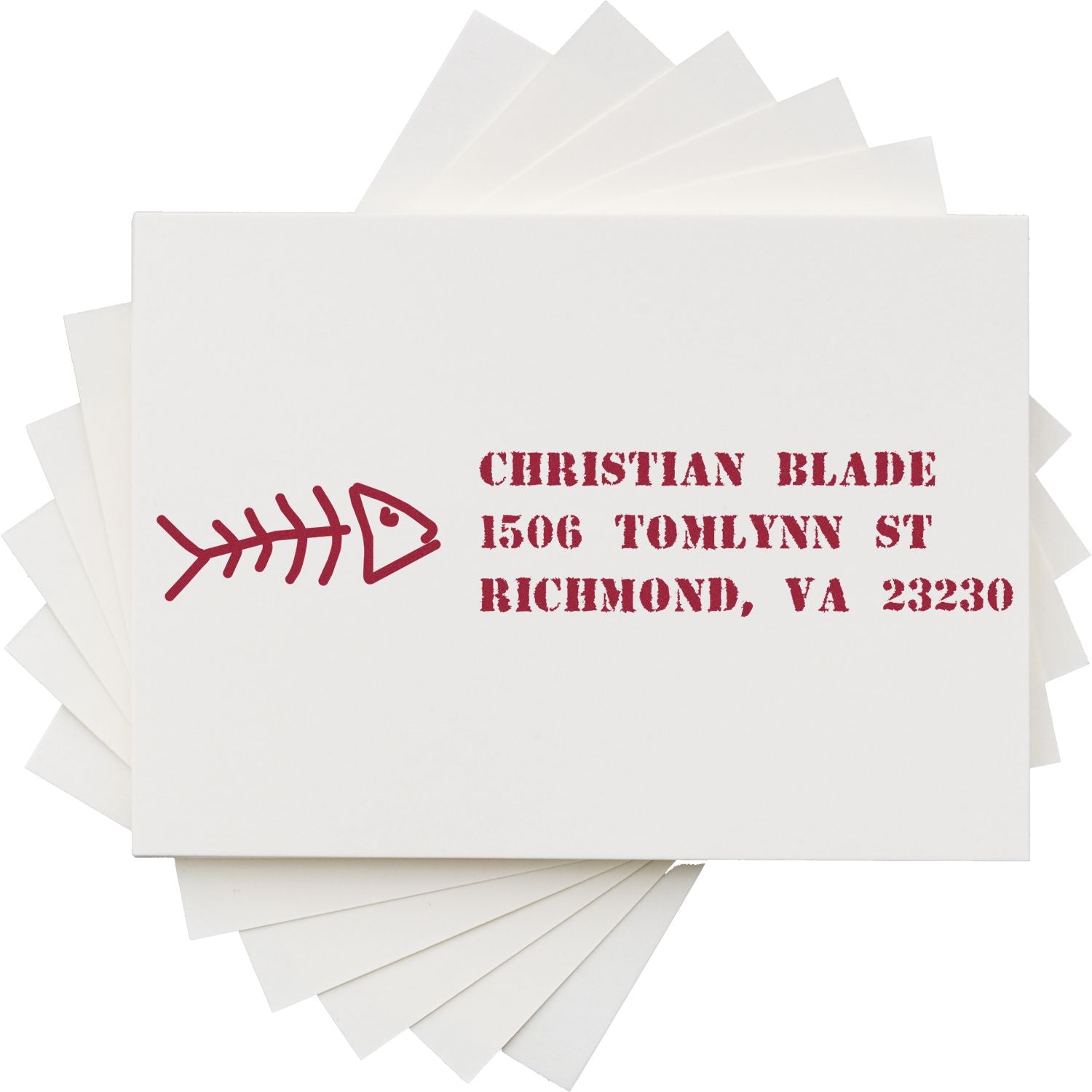 Custom return address rubber stamp with fish skeleton logo and red imprint for Christian Blade, Richmond VA 23230