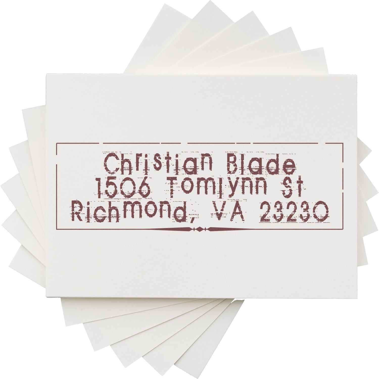 Personalized address rubber stamp for Christian Blade, 1506 Tomlynn St, Richmond, VA 23230 on sample cardstock.