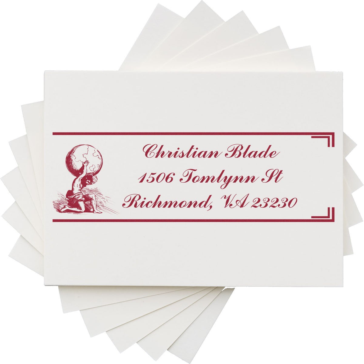 Personalized return address rubber stamp for envelopes, featuring Christian Blade and Richmond, VA address.