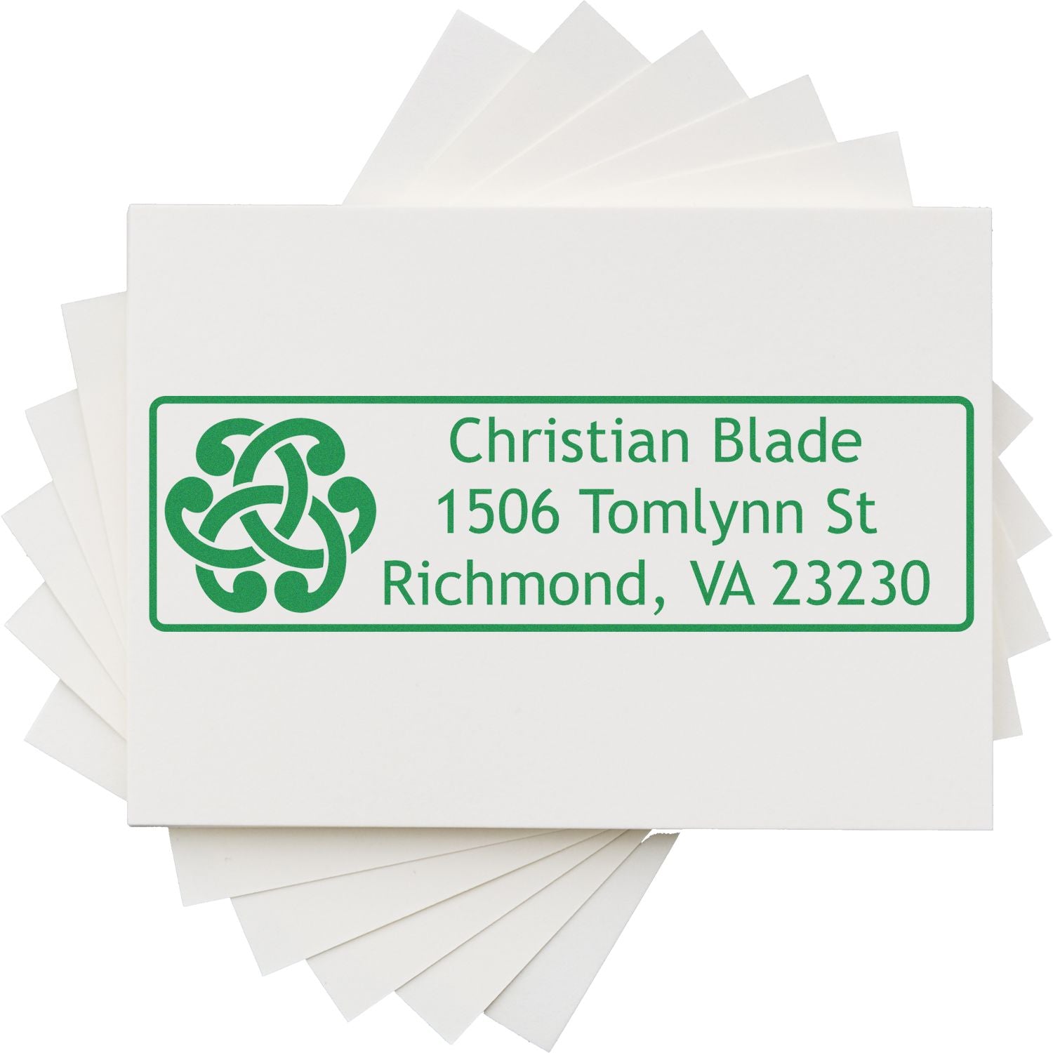 Custom rubber address stamp with Celtic knot logo, personalized for Christian Blade, Richmond, VA 23230 mailing and branding.