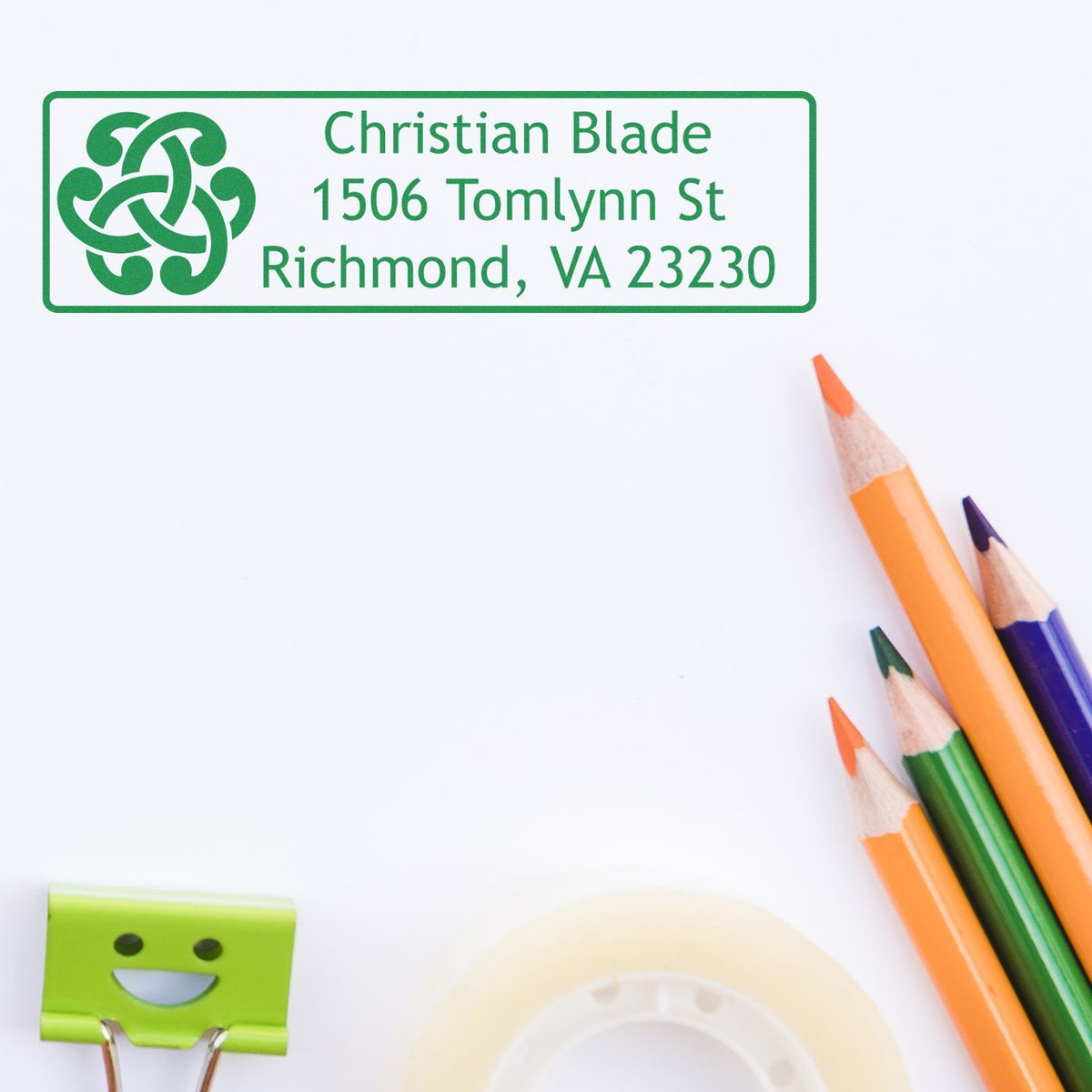 Custom address rubber stamp with Celtic knot logo for Christian Blade, 1506 Tomlynn St, Richmond, VA 23230.