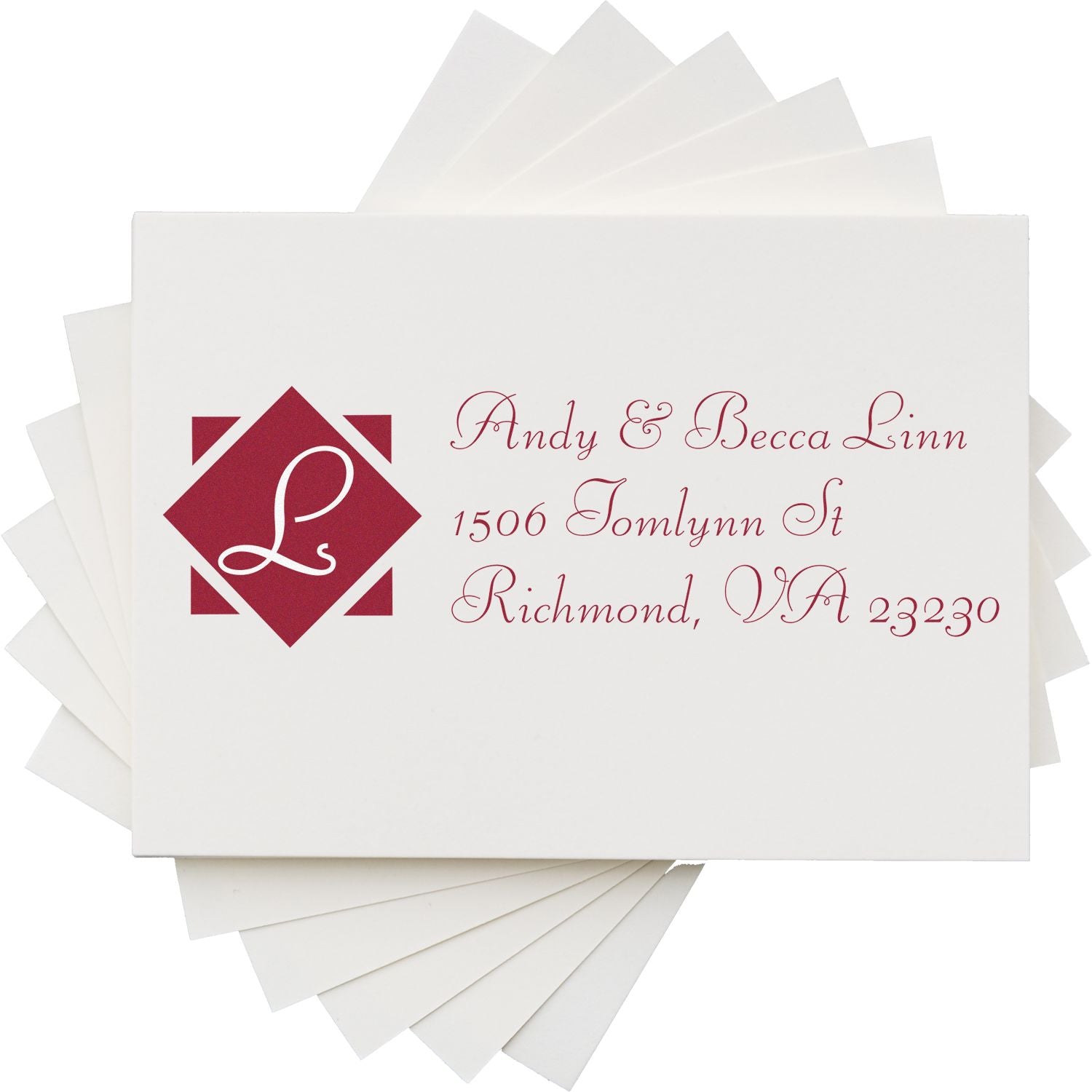 Custom monogram return address rubber stamp with Andy & Becca Linn, Richmond, VA 23230 for envelopes and wedding stationery.