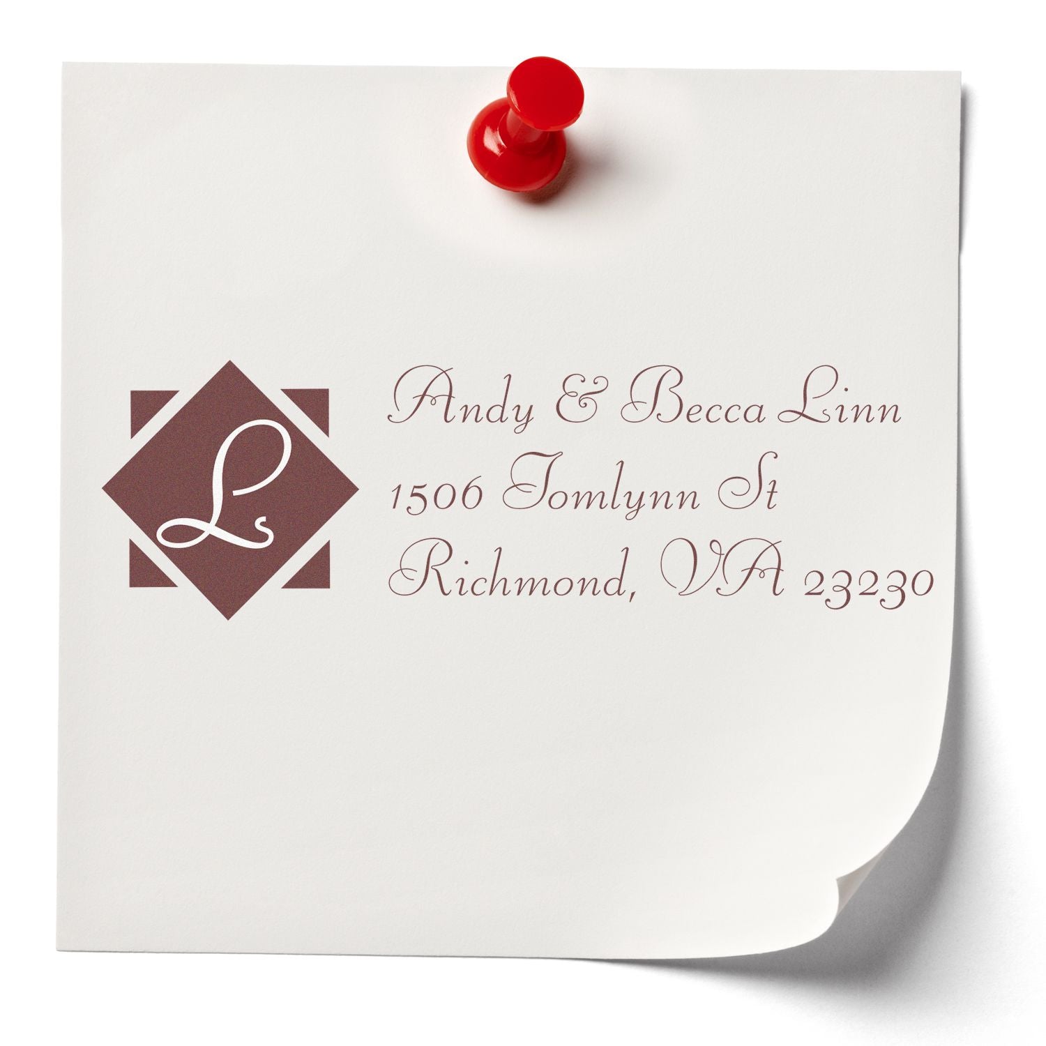 Personalized return address rubber stamp with monogram logo and script address for elegant wedding envelopes.