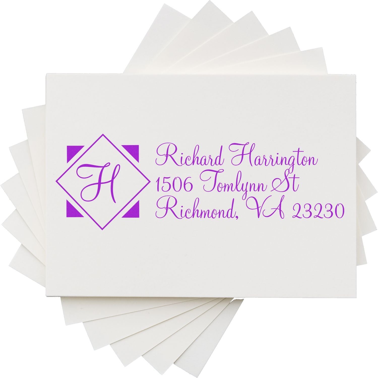 Personalized return address rubber stamp with monogram H and Richard Harrington address in purple for wedding stationery.