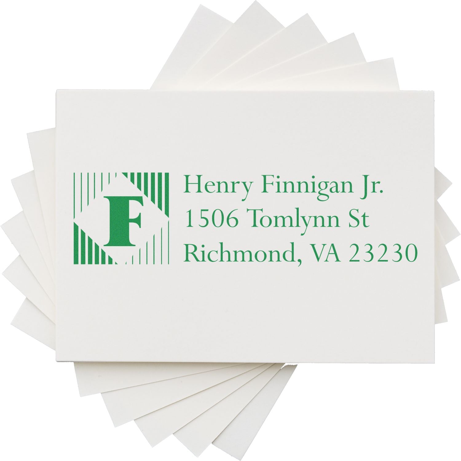 Custom monogram address rubber stamp with name and Richmond, VA address for stationery and envelopes.
