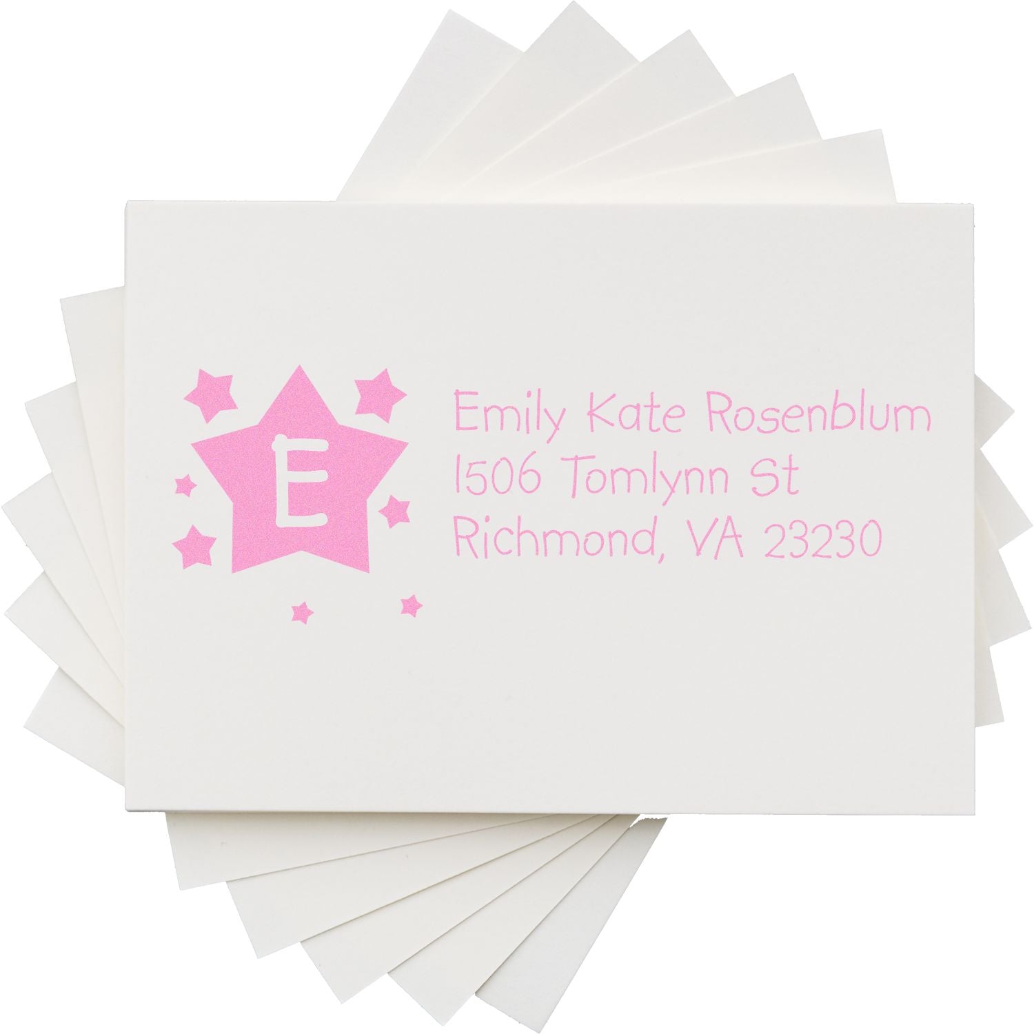 Pink custom rubber address stamp with star monogram E and personalized name and address for envelopes