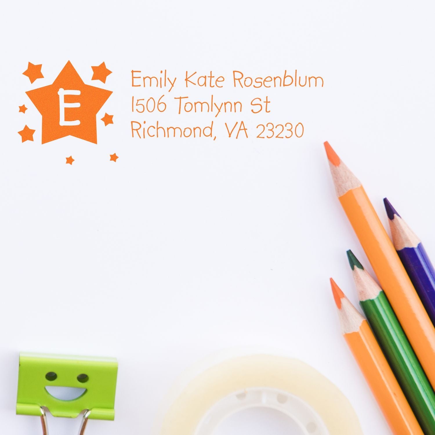 Personalized custom address rubber stamp with star monogram E for Emily Kate Rosenblum, Richmond, VA 23230 in orange ink.