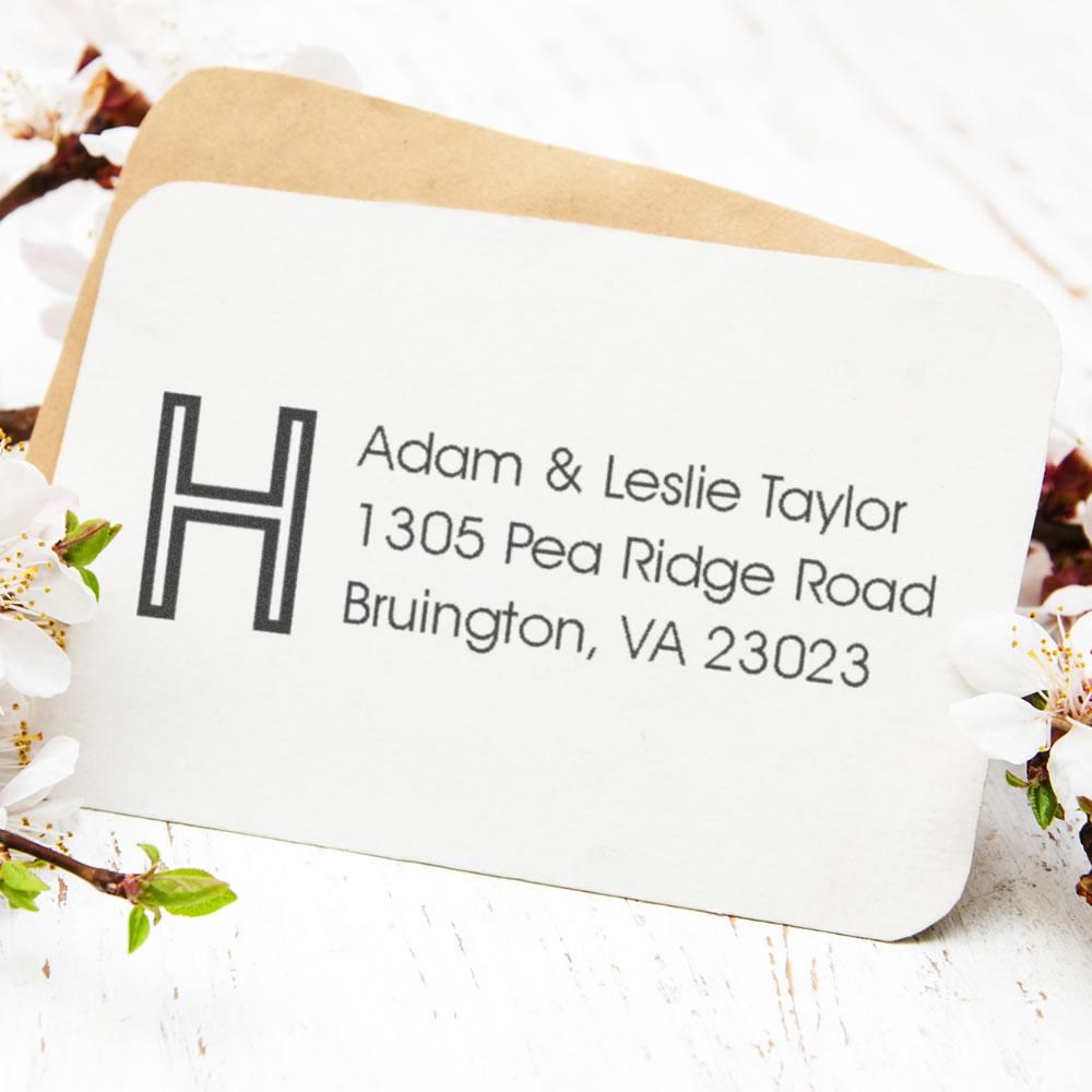 Custom return address rubber stamp imprint with monogram H for Adam & Leslie Taylor, Bruington, VA