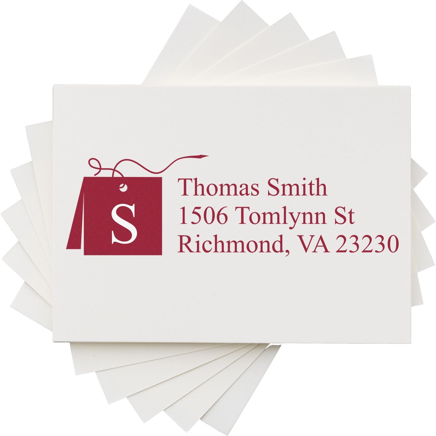 Custom return address rubber stamp with monogram S, Thomas Smith, 1506 Tomlynn St, Richmond, VA 23230.