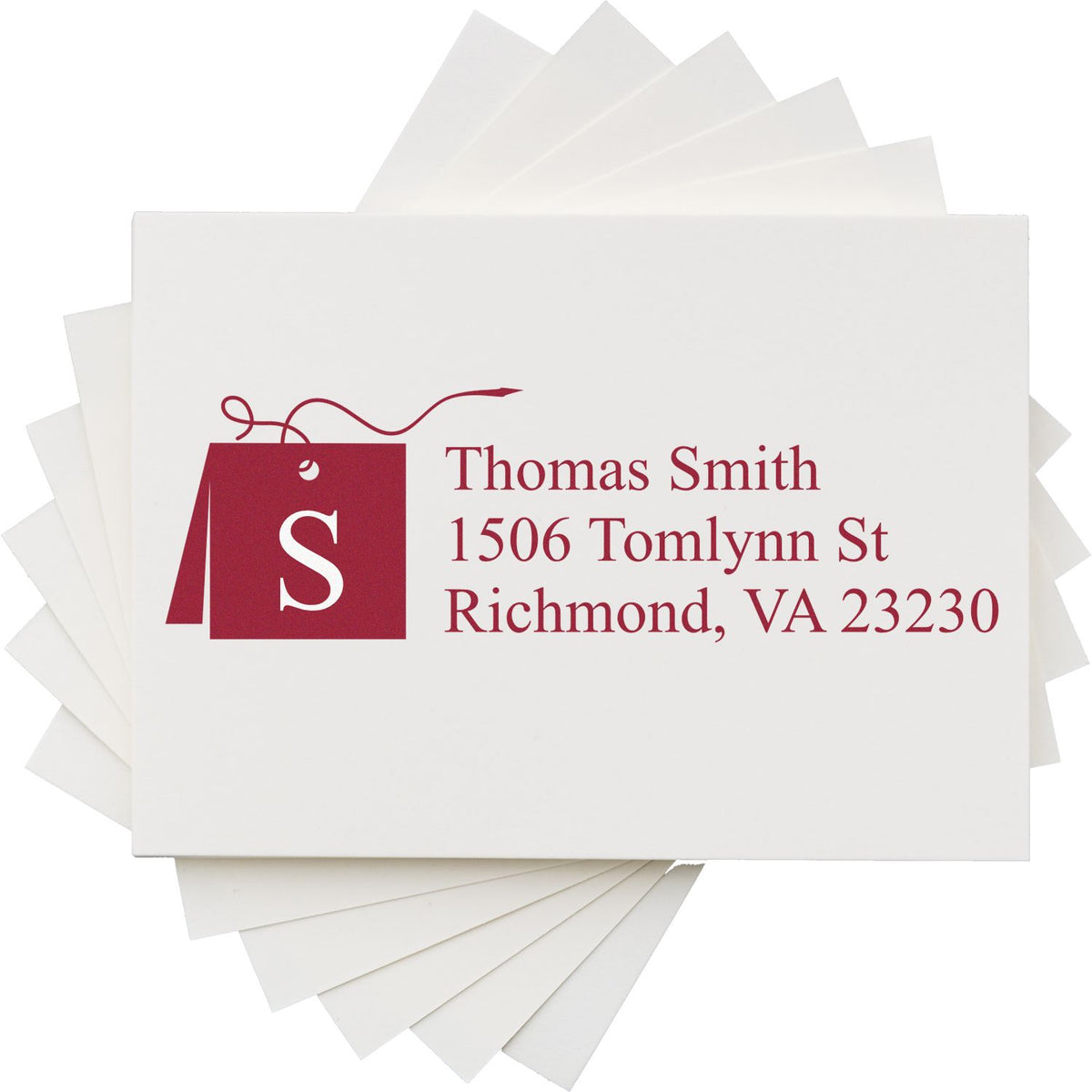 Custom return address rubber stamp with monogram, Thomas Smith name, and Richmond, VA address for envelopes.