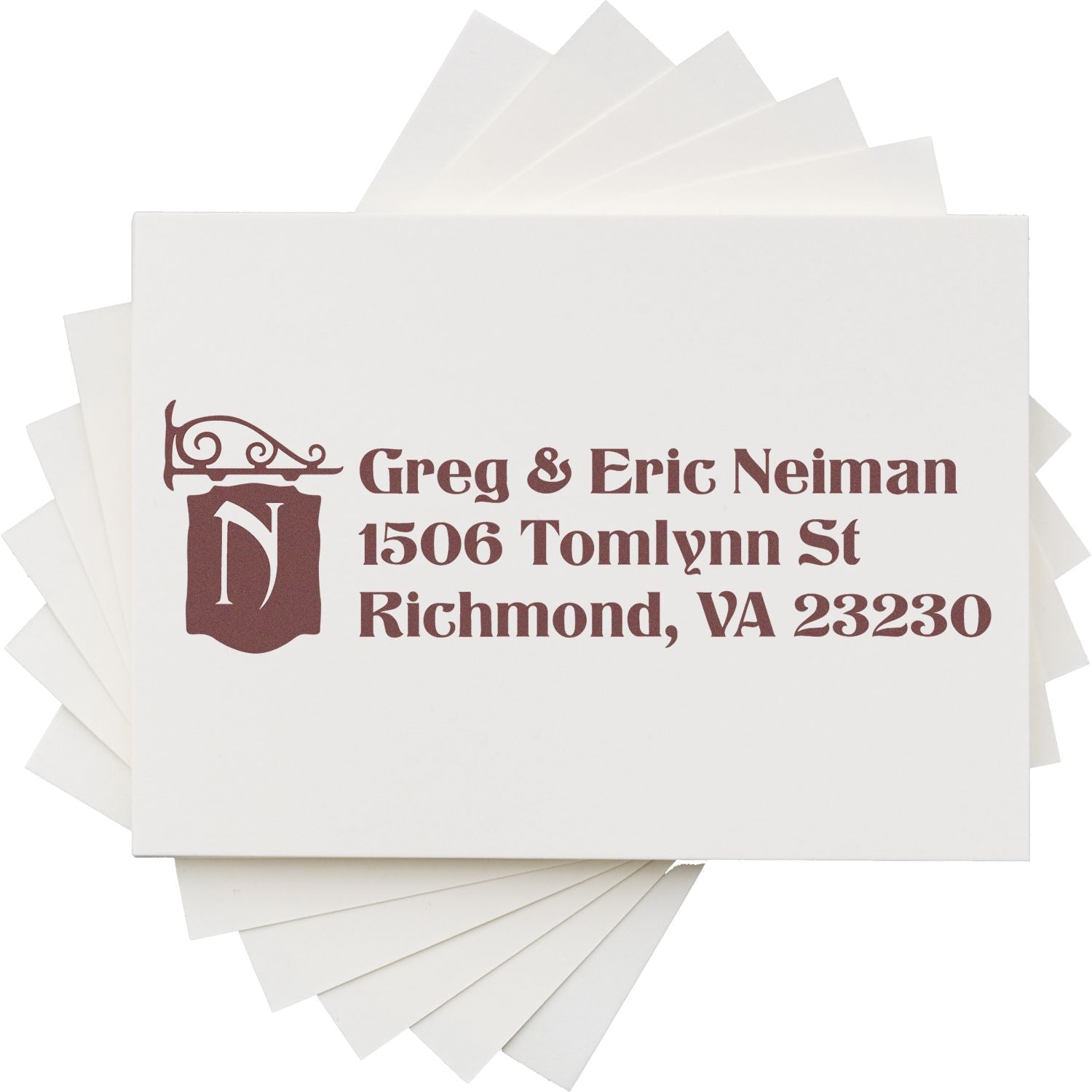 Custom return address rubber stamp with monogram, personalized name, and Richmond, VA address for envelopes.