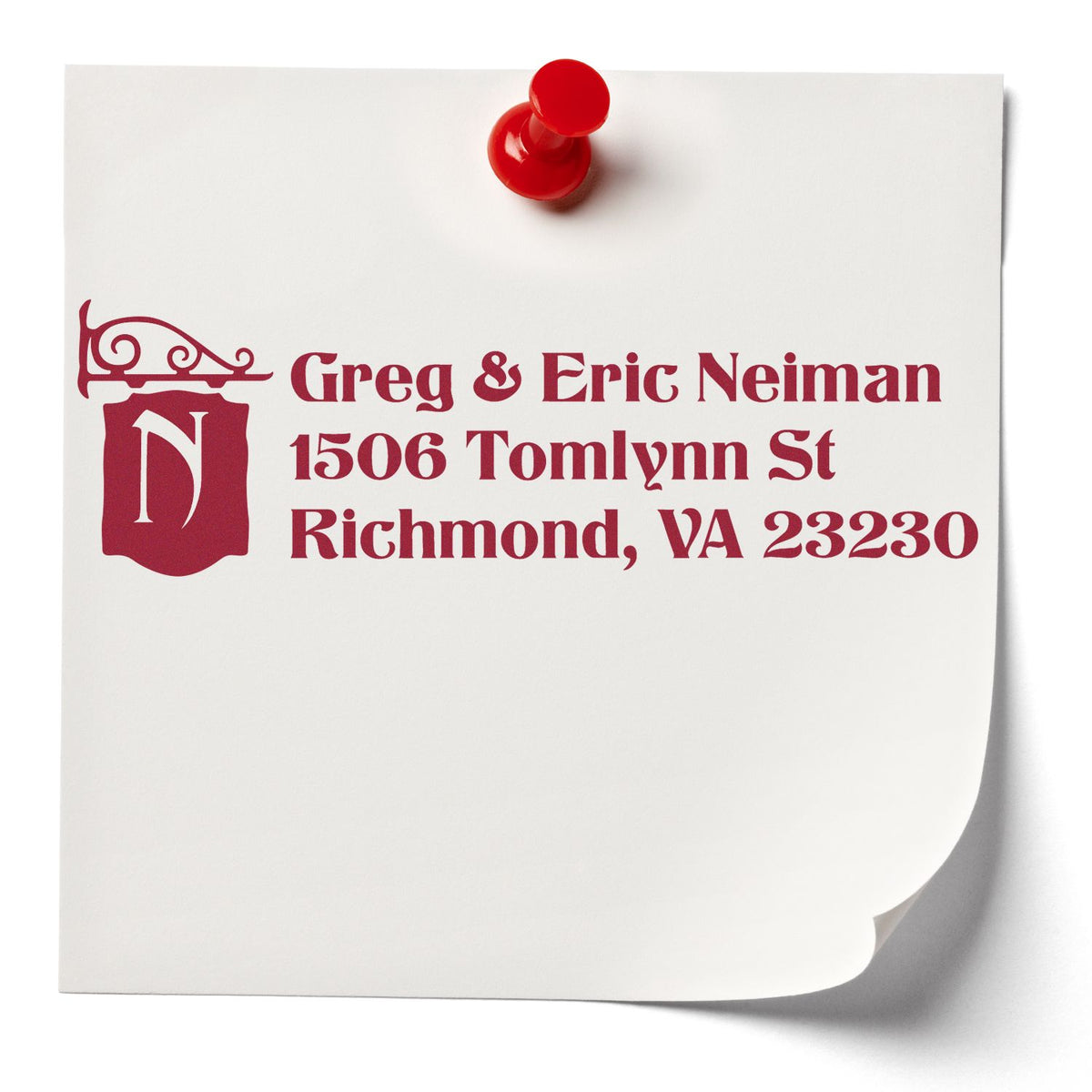 Custom return address rubber stamp for Greg & Eric Neiman, Richmond, VA 23230 with monogram logo.