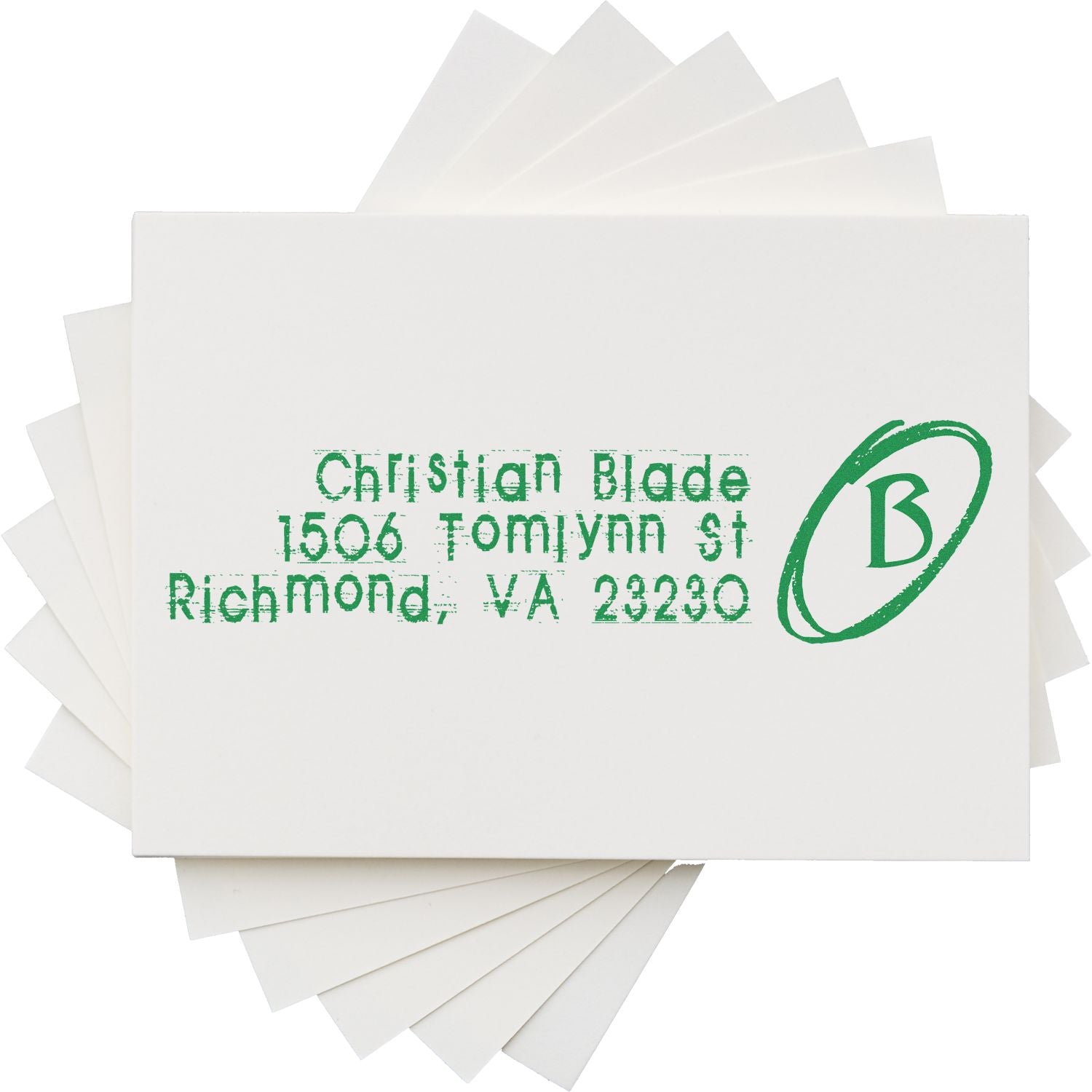 Personalized return address rubber stamp with green name, Richmond VA address, and monogram B on white paper.