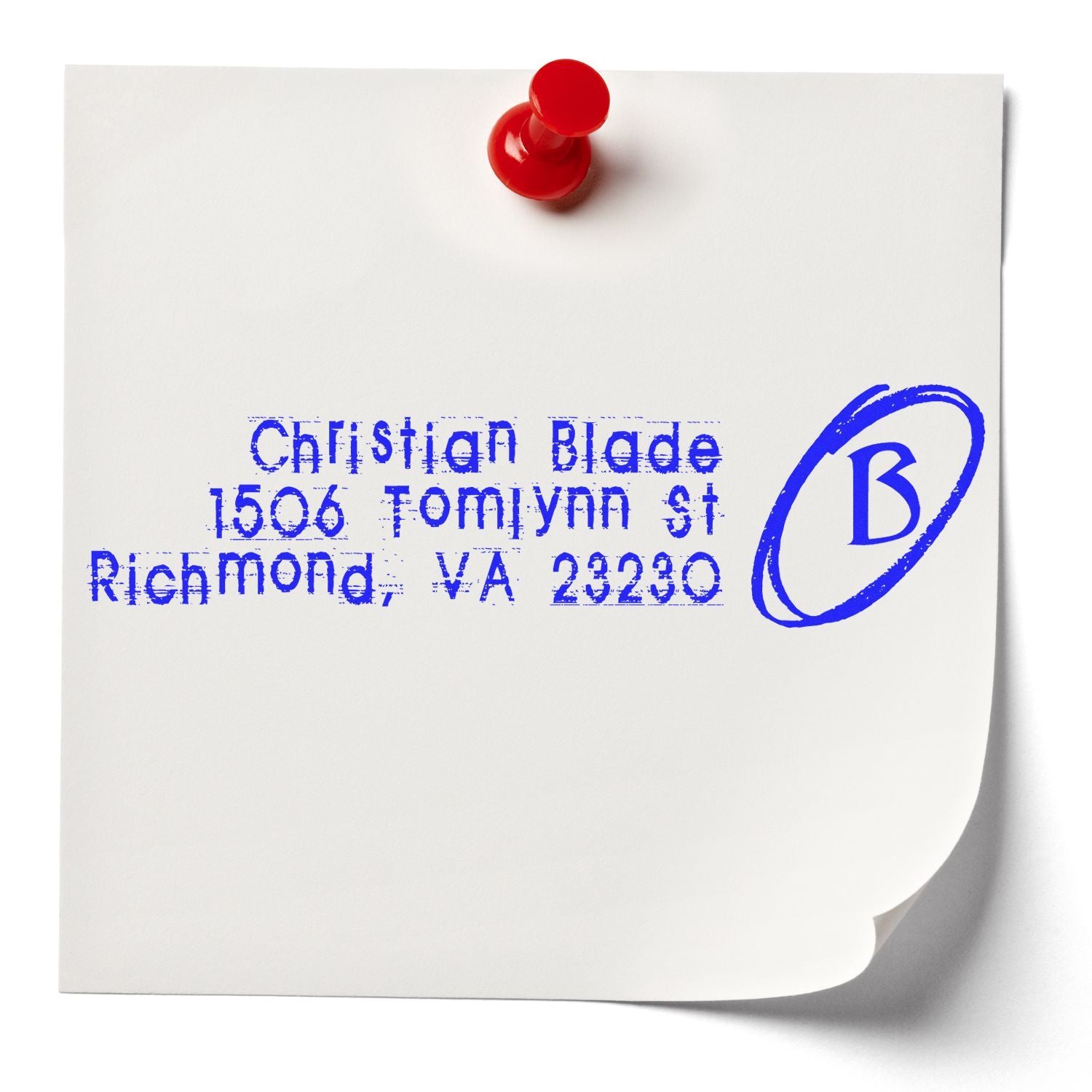 Custom return address rubber stamp for Christian Blade, 1566 Tomlynn St, Richmond VA 23230, with B mark.