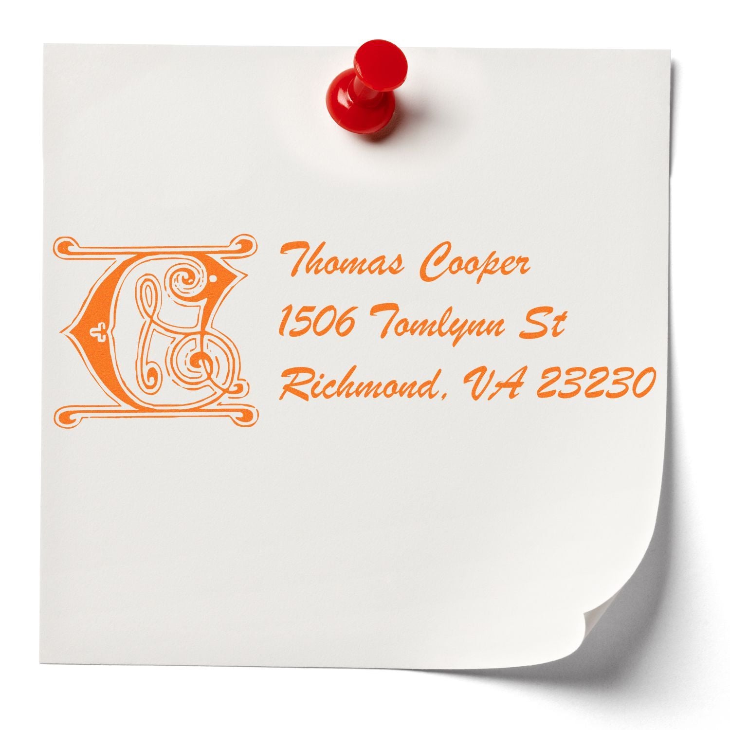 Custom monogram return address rubber stamp in orange ink, showing Thomas Cooper, Richmond, VA 23230 on white paper.
