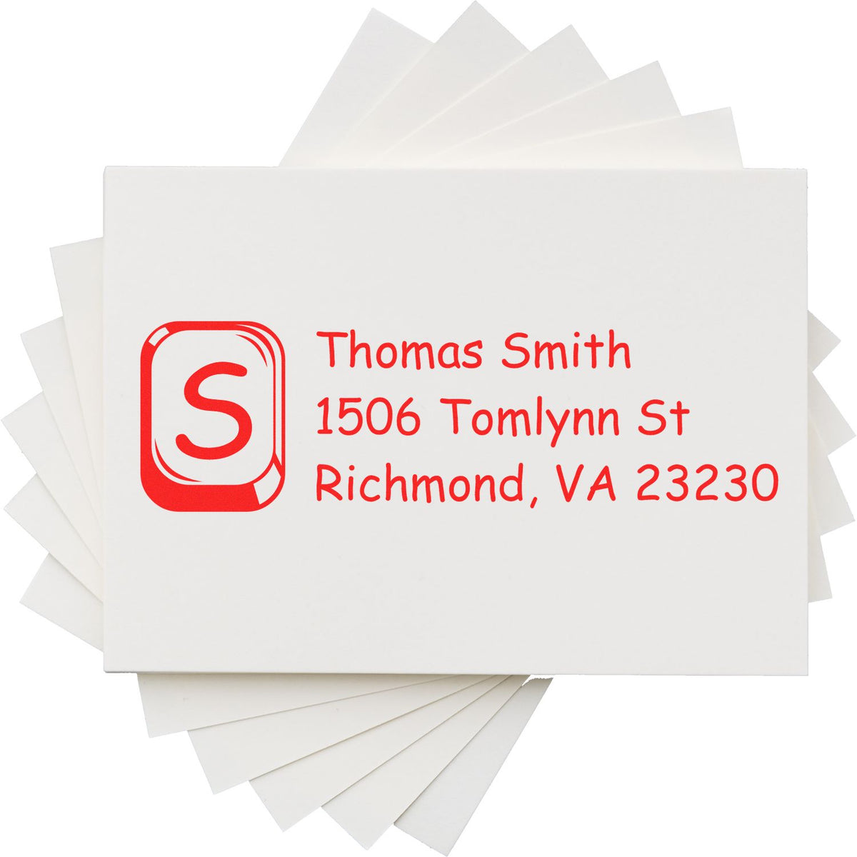 Custom return address rubber stamp with initials, name, and Richmond VA address for mailing labels