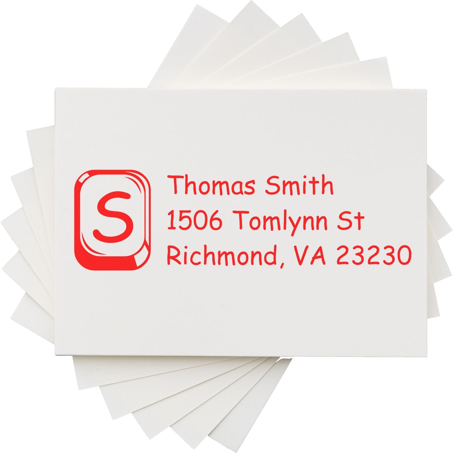 Custom address rubber stamp with initial S for Thomas Smith, 1506 Tomlynn St, Richmond, VA 23230.