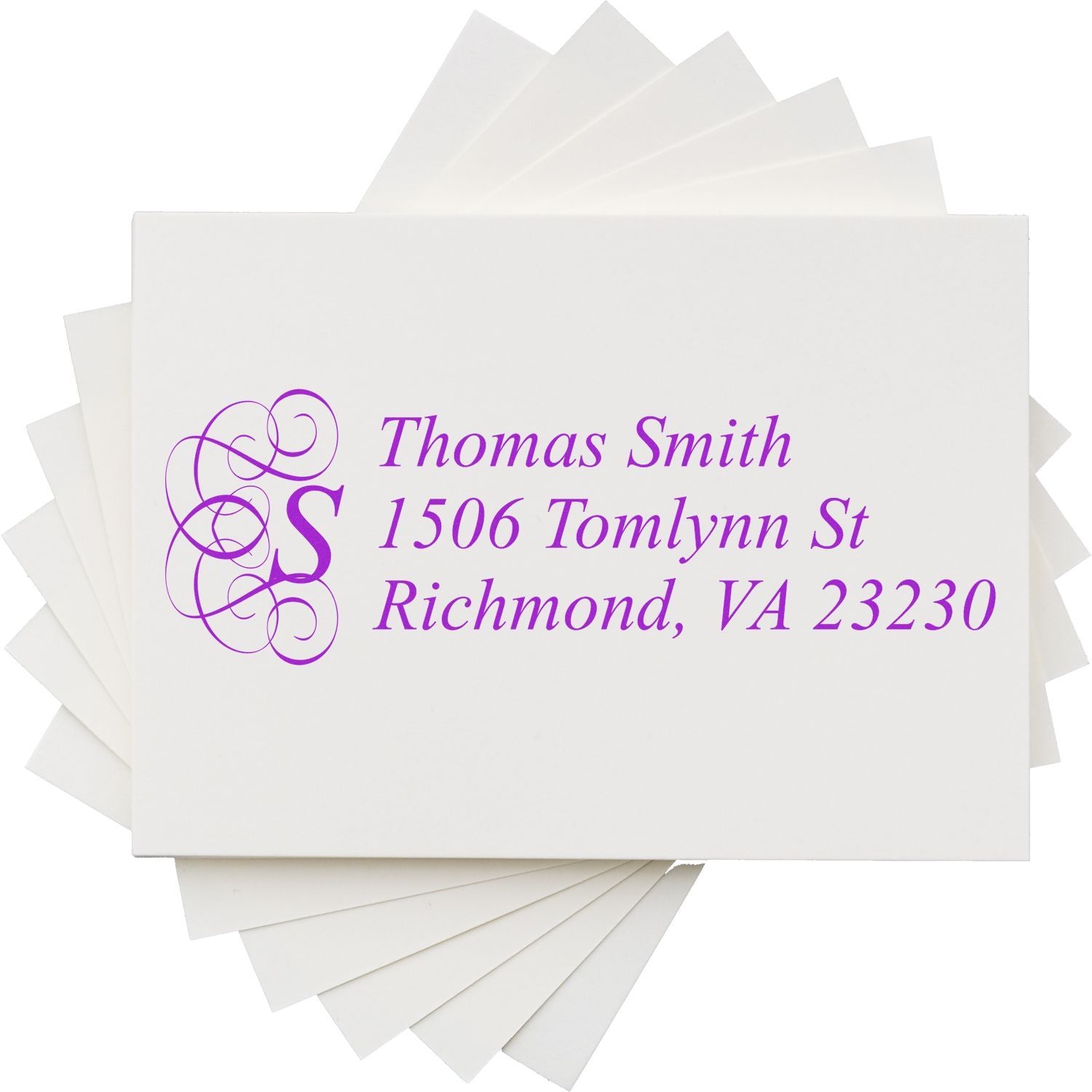 Custom return address rubber stamp with monogram, Thomas Smith address, shown on white cards.