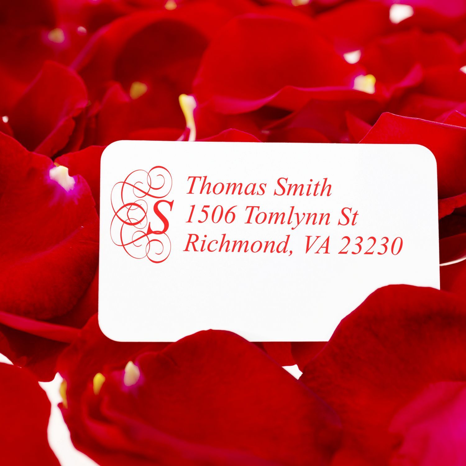 Custom return address rubber stamp with monogram and Thomas Smith, 1506 Tomlynn St, Richmond, VA 23230 on white card