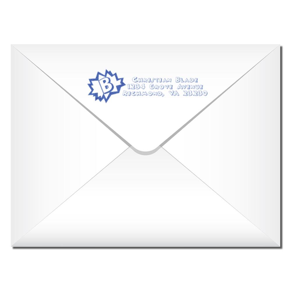 Personalized return address rubber stamp on envelope for Christian Blade, 1234 Grove Avenue, Richmond, VA 23230.