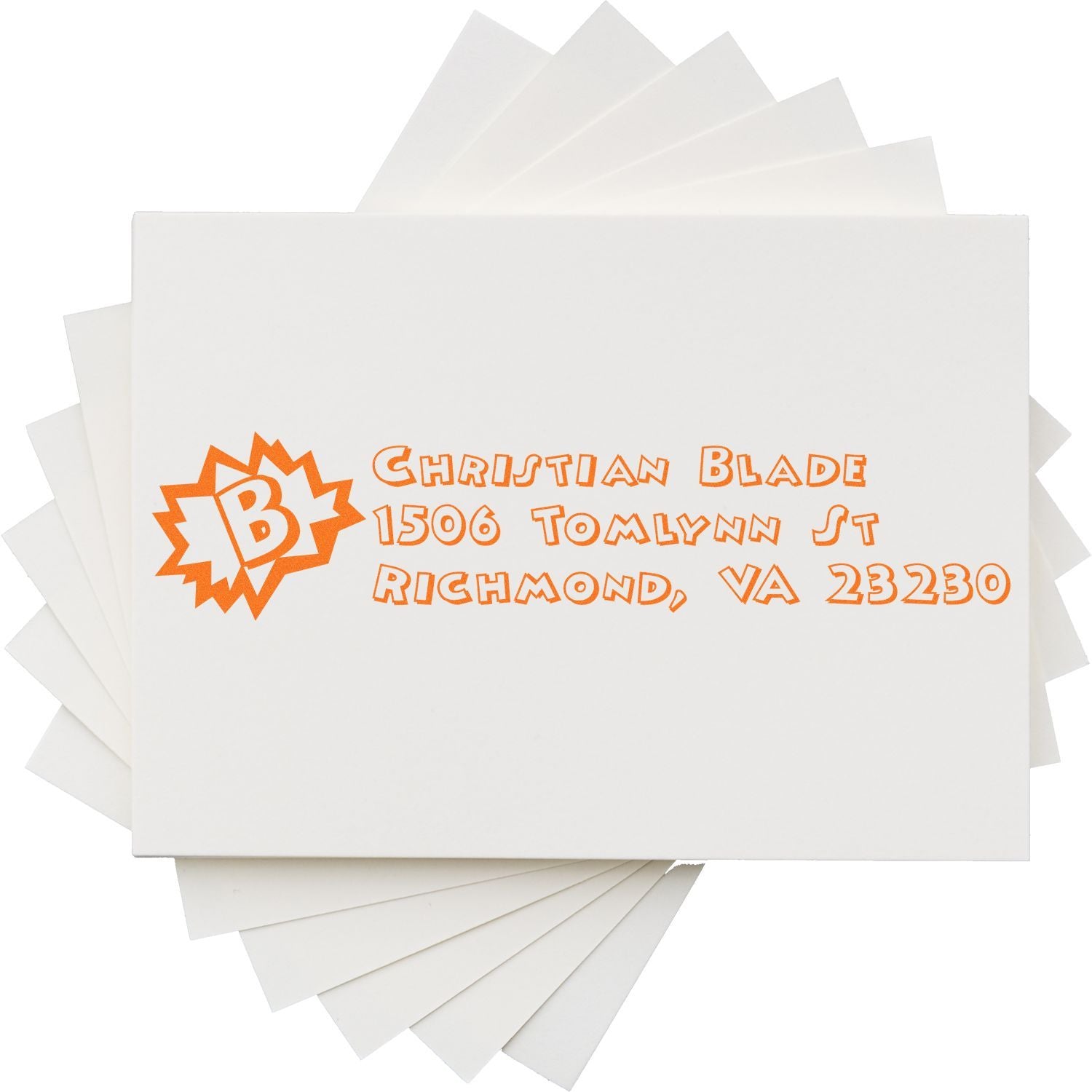 Custom orange address rubber stamp on blank stationery cards, featuring Christian Blade logo and Richmond, VA mailing address.